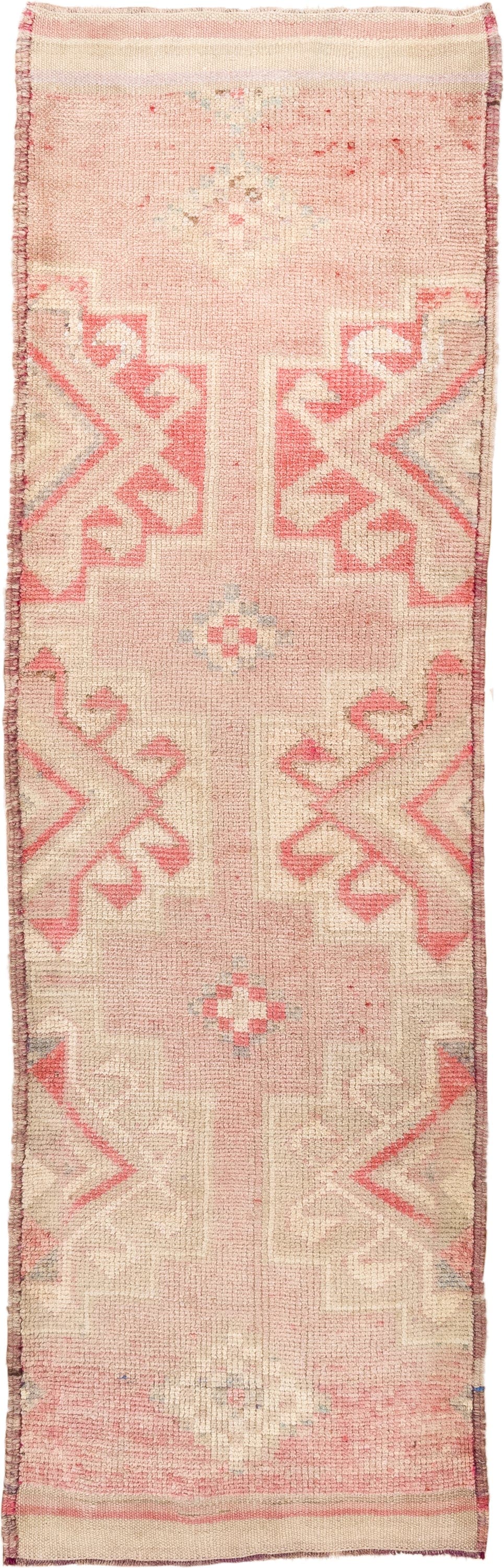 3' x 10' one-of-a-kind handmade vintage Kars runner rug. Color palette: blush, ivory, taupe, coral, rose, beige, pink, gray