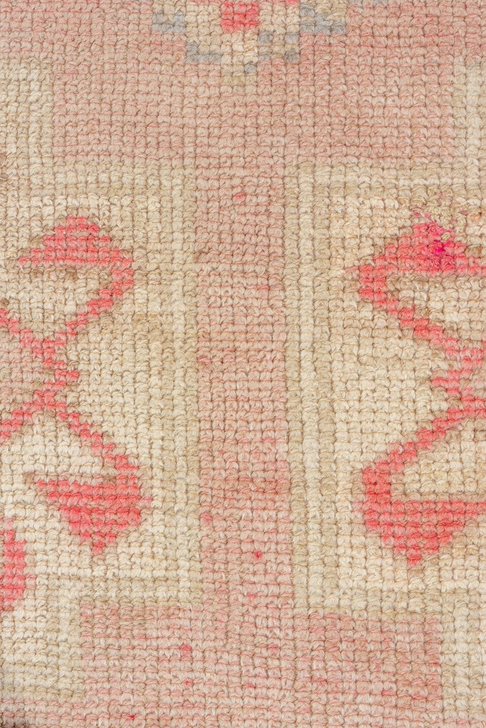3' x 10' one-of-a-kind handmade vintage Kars runner rug. Color palette: blush, ivory, taupe, coral, rose, beige, pink, gray