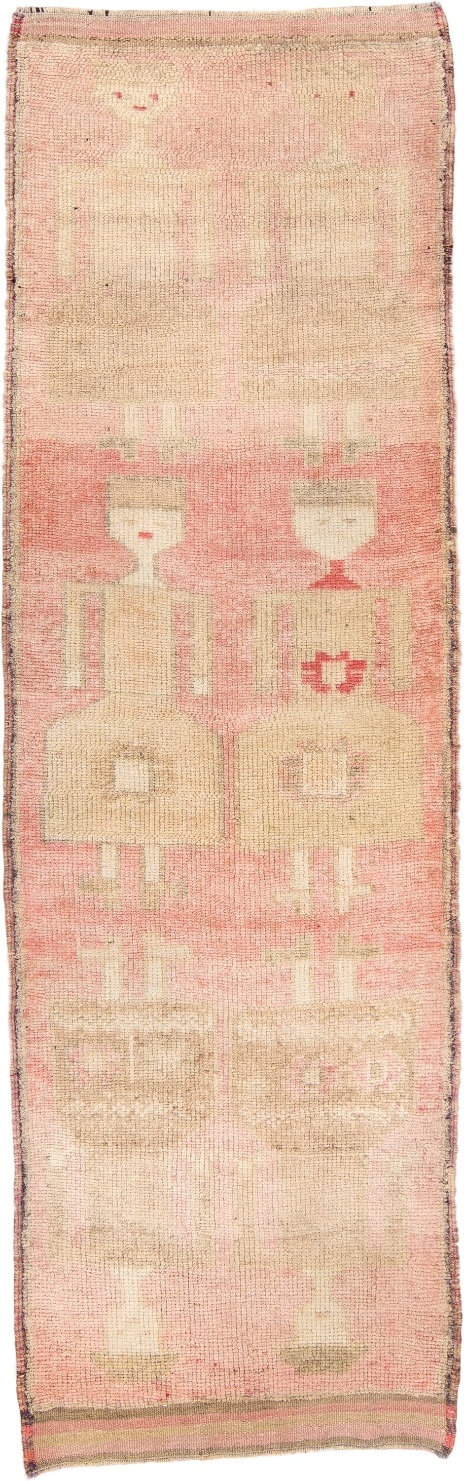 3' x 10' one-of-a-kind handmade antique Kars runner rug. Color palette: blush, ivory, taupe, rose, camel, sage, pink, beige