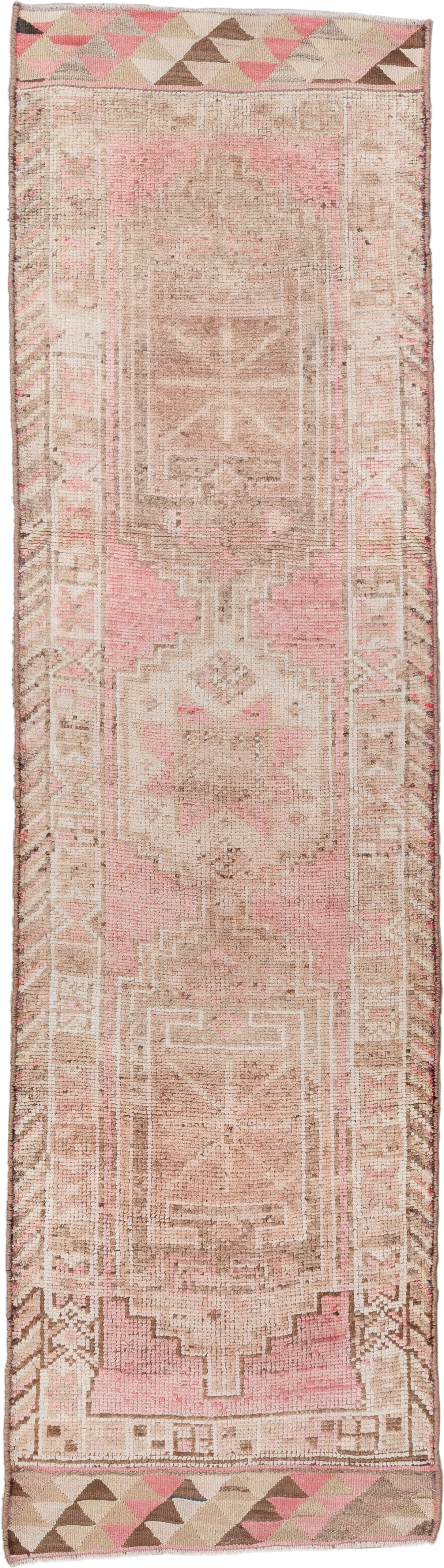 3' x 11' one-of-a-kind handmade antique Kars runner rug. Color palette: blush, ivory, taupe, beige, brown, rose, pink, gray