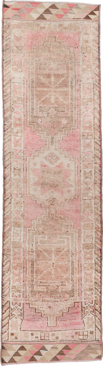 3' x 11' one-of-a-kind handmade antique Kars runner rug. Color palette: blush, ivory, taupe, beige, brown, rose, pink, gray