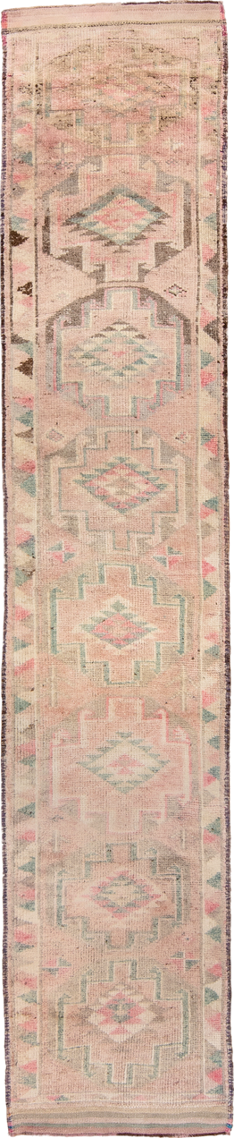 2' x 10' one-of-a-kind handmade antique Kars runner rug. Color palette: blush, ivory, sage, taupe, rose, camel, brown, pink