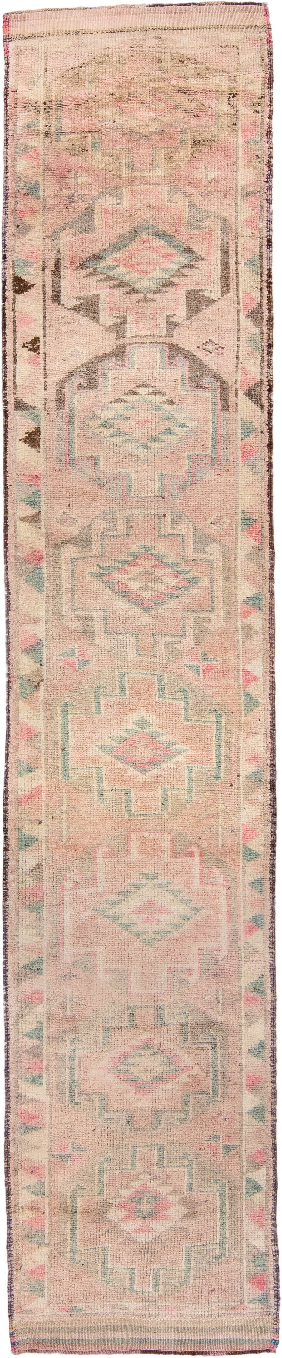 2' x 10' one-of-a-kind handmade antique Kars runner rug. Color palette: blush, ivory, sage, taupe, rose, camel, brown, pink