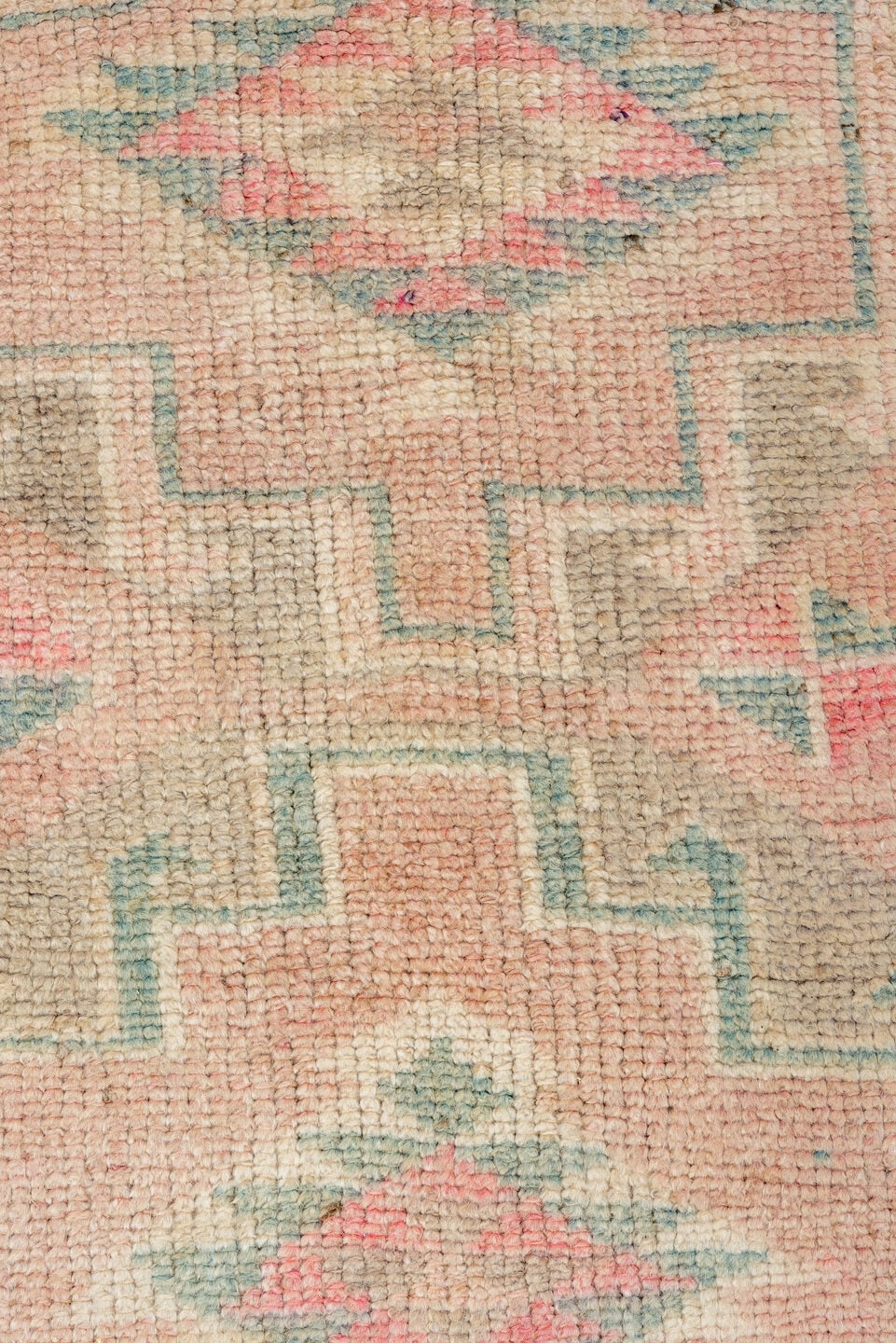 2' x 10' one-of-a-kind handmade antique Kars runner rug. Color palette: blush, ivory, sage, taupe, rose, camel, brown, pink