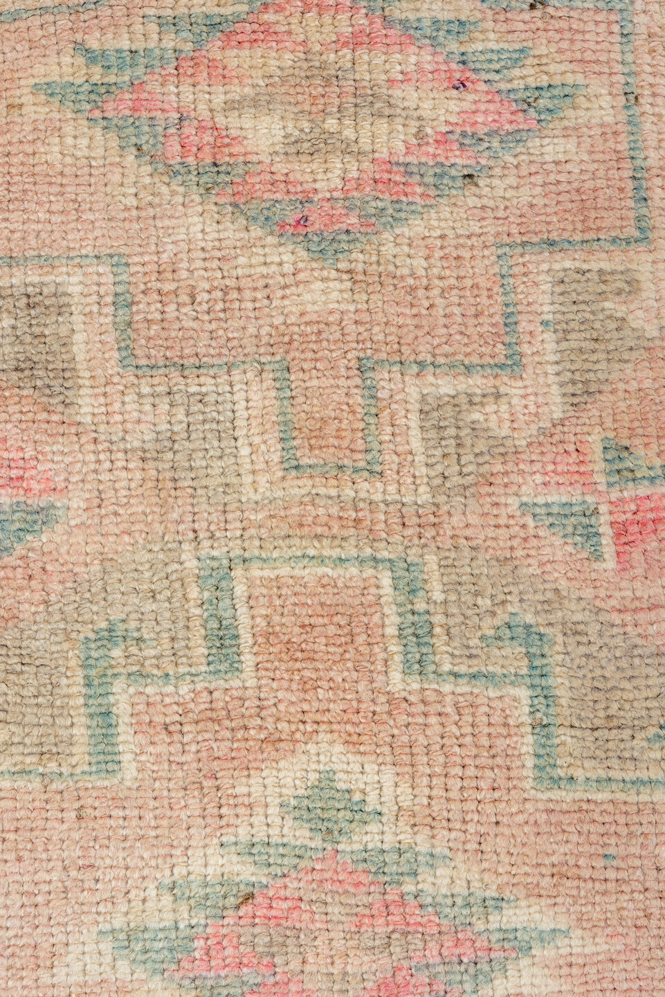 2' x 10' one-of-a-kind handmade antique Kars runner rug. Color palette: blush, ivory, sage, taupe, rose, camel, brown, pink