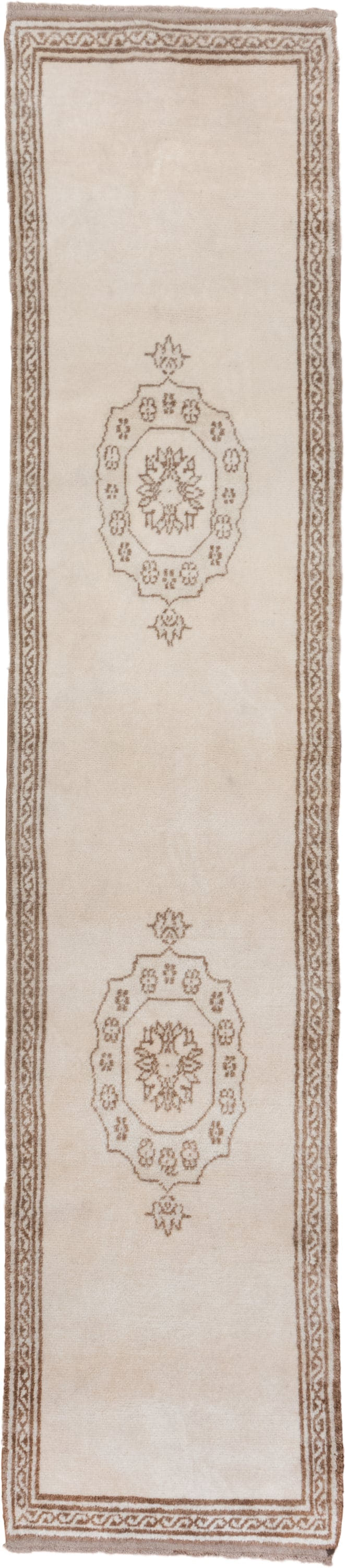 3' x 13' one-of-a-kind handmade vintage Moroccan runner rug. Color palette: ivory, camel, taupe, cream, beige, gray