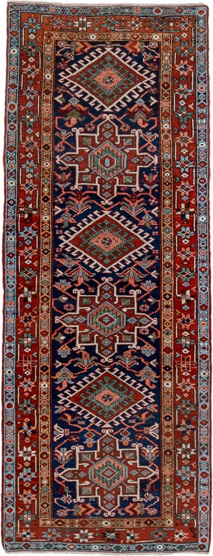 3' x 8' one-of-a-kind handmade antique Karaje runner rug. Color palette: navy, rust, sky blue, ivory, terracotta, sage