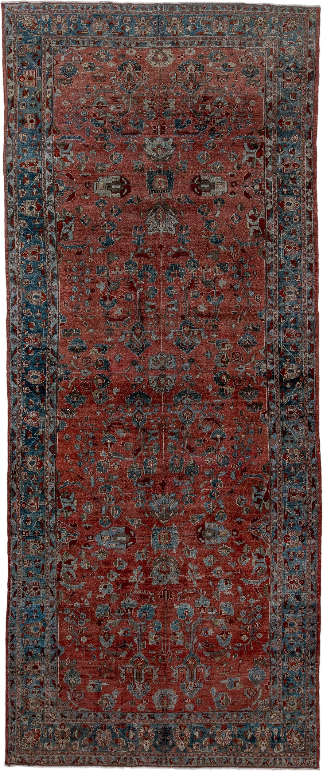 7' x 16' one-of-a-kind handmade antique Lilian rug. Color palette: rust, blue, ivory, slate, burgundy, camel, terracotta