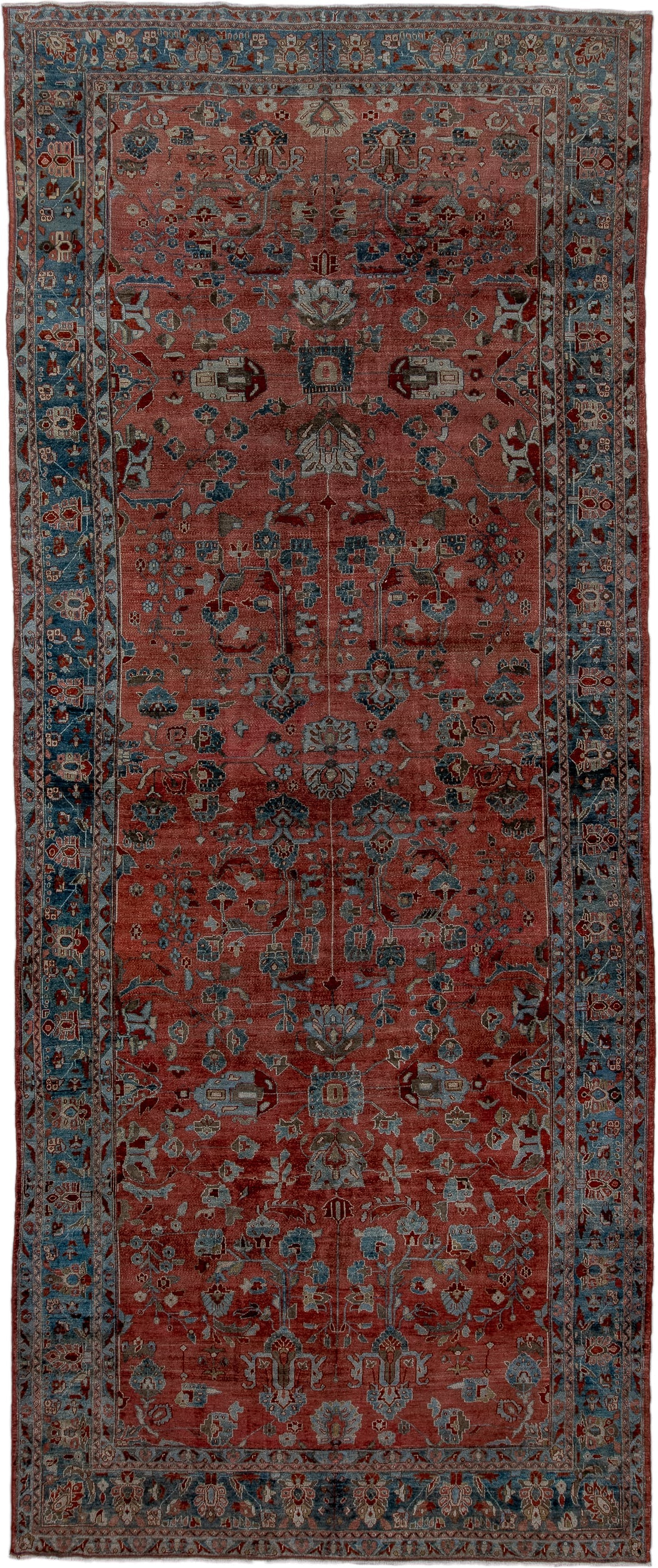 7' x 16' one-of-a-kind handmade antique Lilian rug. Color palette: rust, blue, ivory, slate, burgundy, camel, terracotta