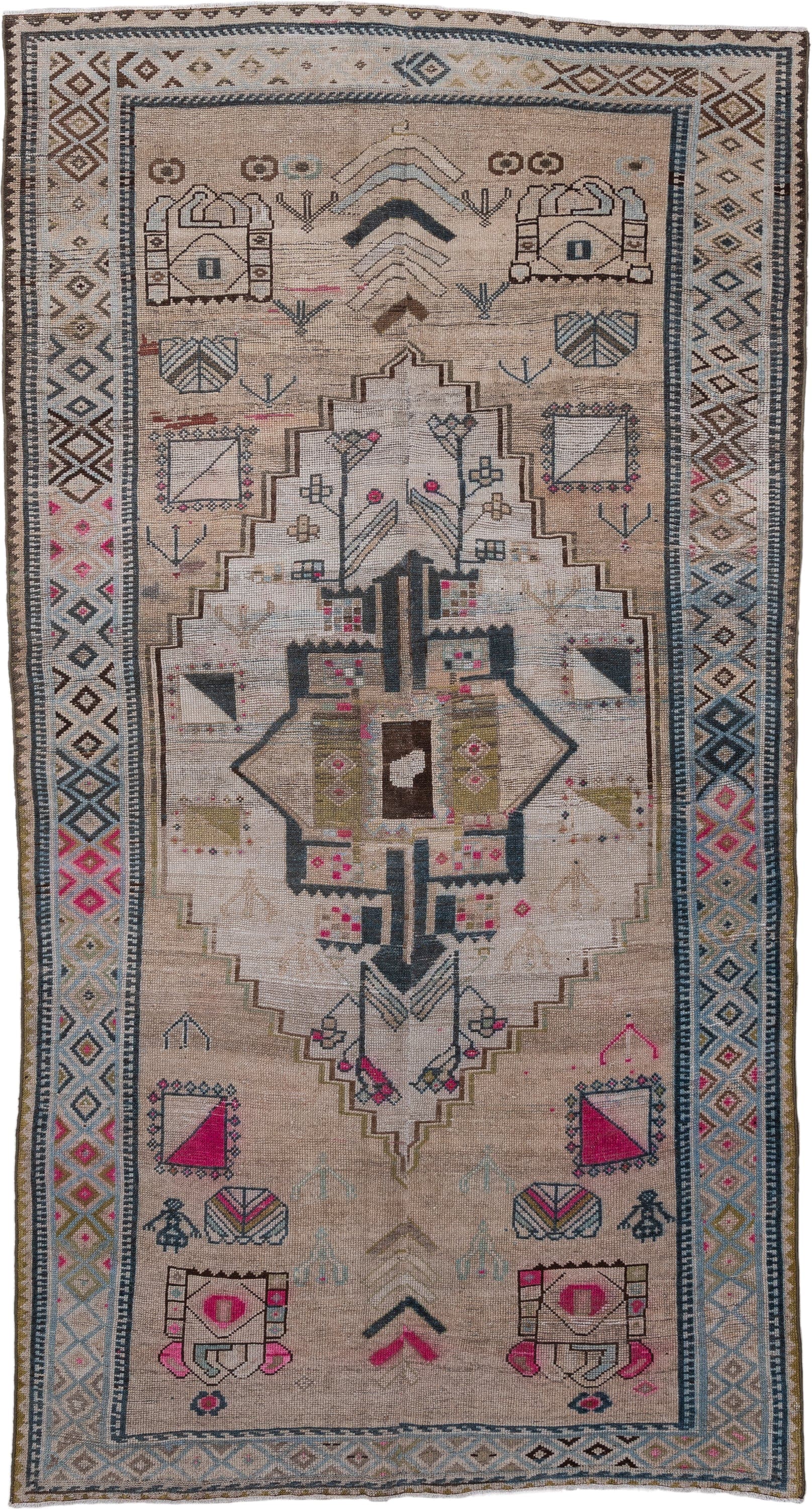 4' x 8' one-of-a-kind handmade vintage Gabbe medium size rug. Color palette: taupe, ivory, charcoal, sky blue, fuchsia