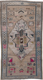 4' x 8' one-of-a-kind handmade vintage Gabbe medium size rug. Color palette: taupe, ivory, charcoal, sky blue, fuchsia