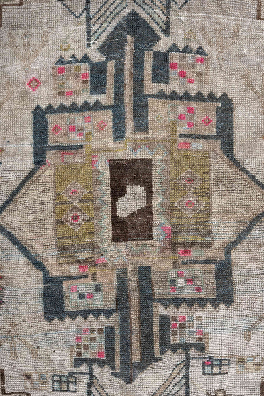 4' x 8' one-of-a-kind handmade vintage Gabbe medium size rug. Color palette: taupe, ivory, charcoal, sky blue, fuchsia