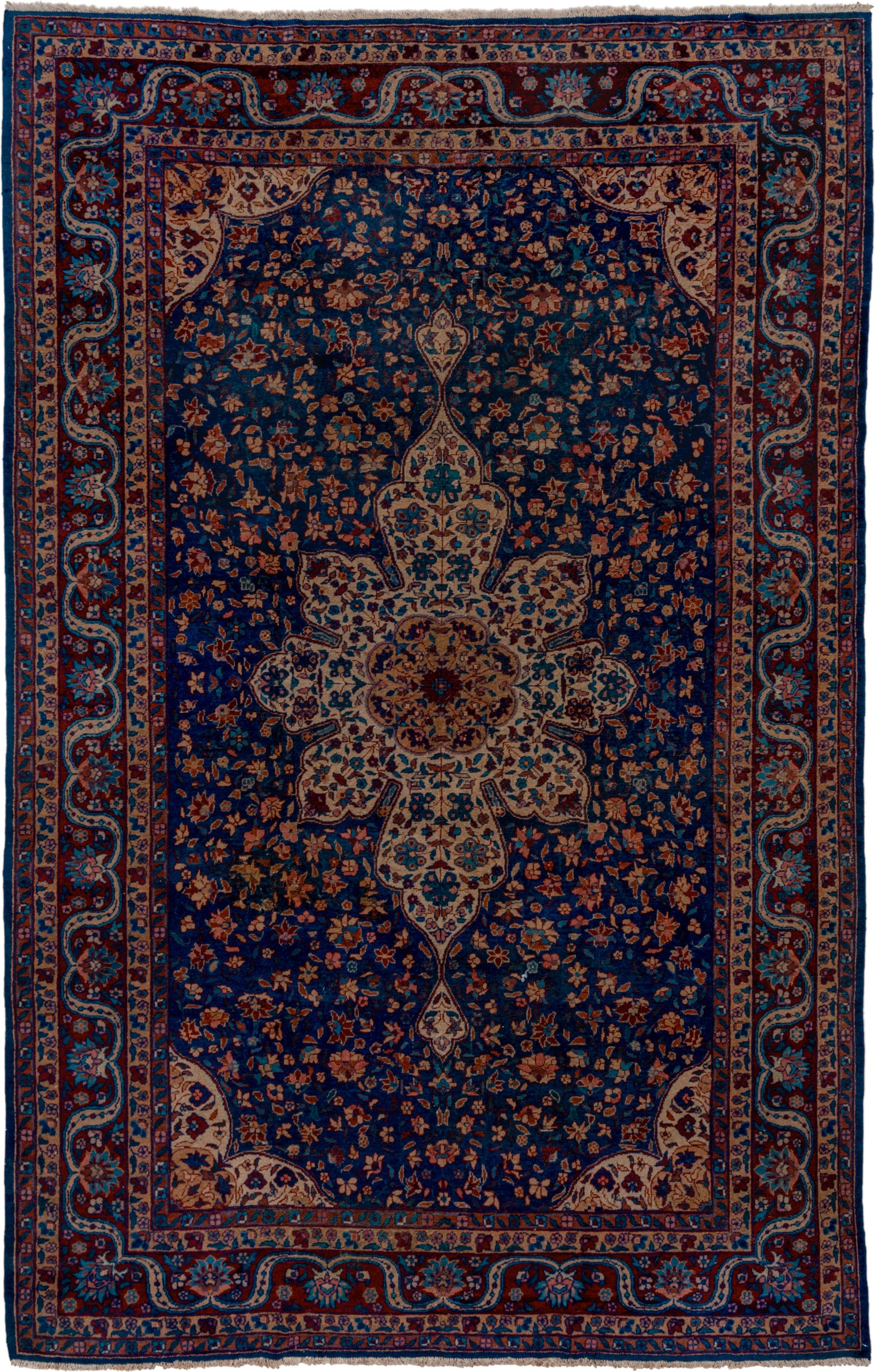 7' x 12' one-of-a-kind handmade antique Sparta large size rug. Color palette: navy, ivory, rust, cobalt, terra cotta, camel