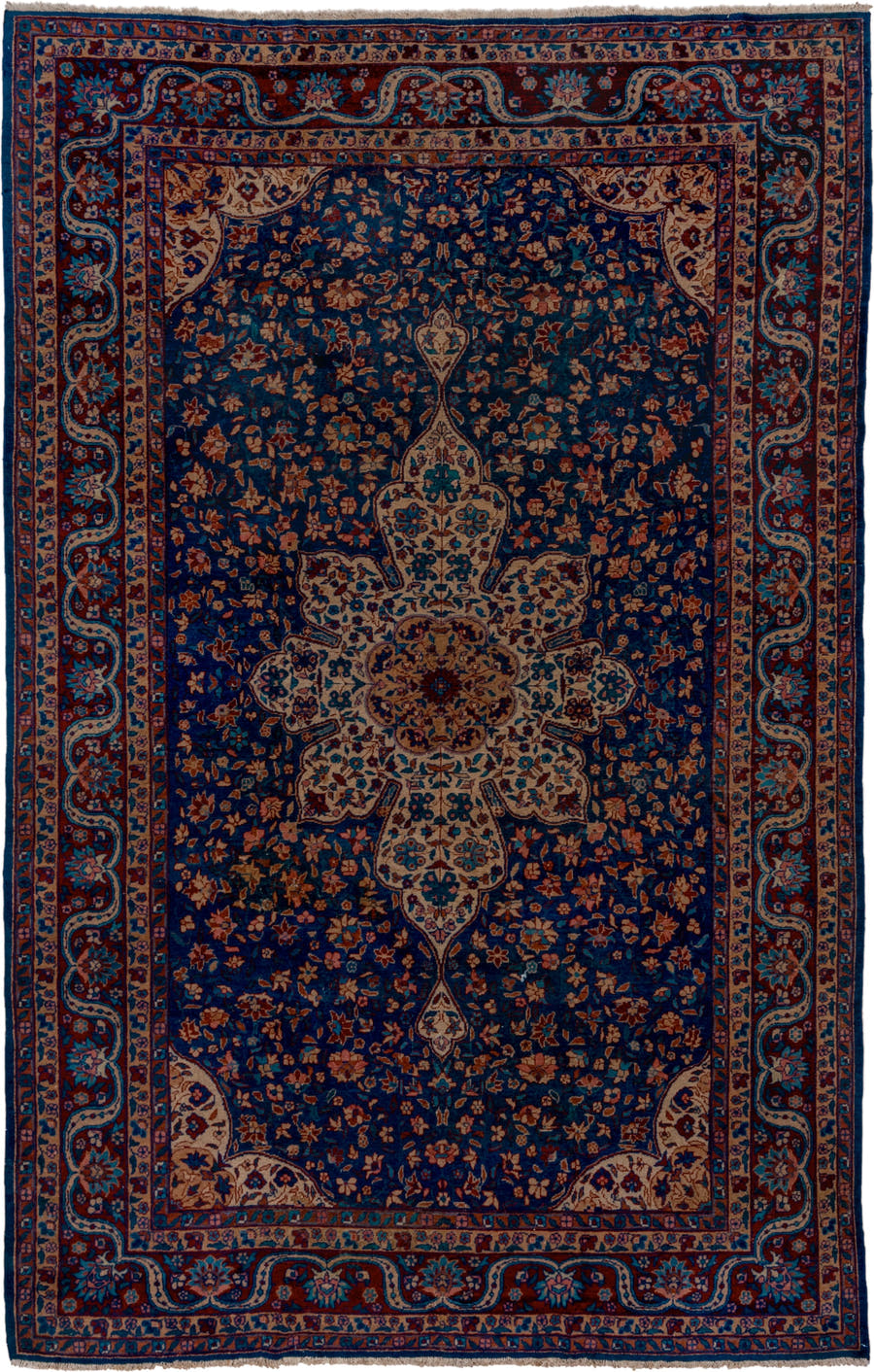 7' x 12' one-of-a-kind handmade antique Sparta large size rug. Color palette: navy, ivory, rust, cobalt, terra cotta, camel