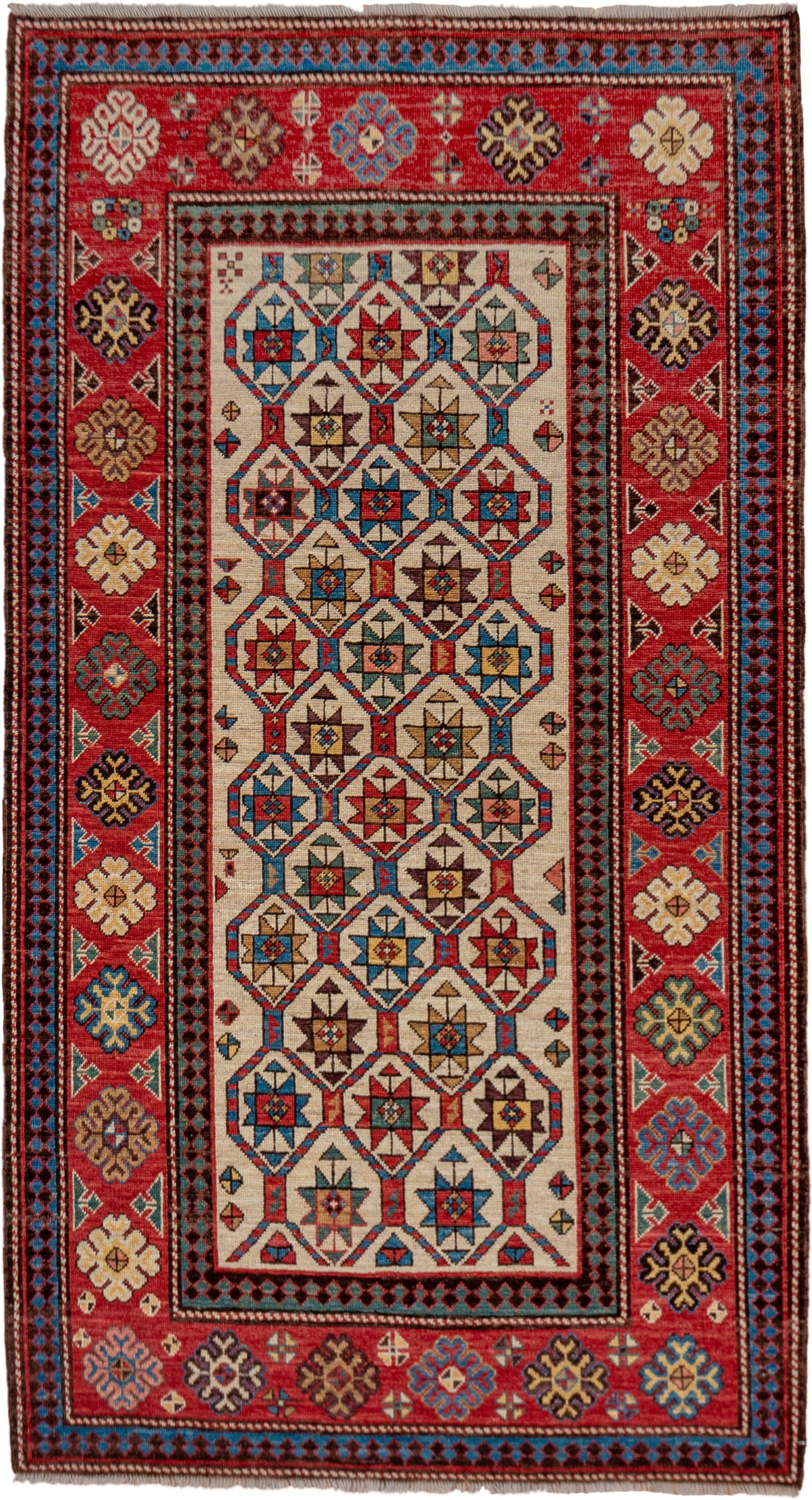 4' x 7' one-of-a-kind handmade vintage Kazak rug. Color palette: red, ivory, sky blue, navy, camel, brown, black, sage