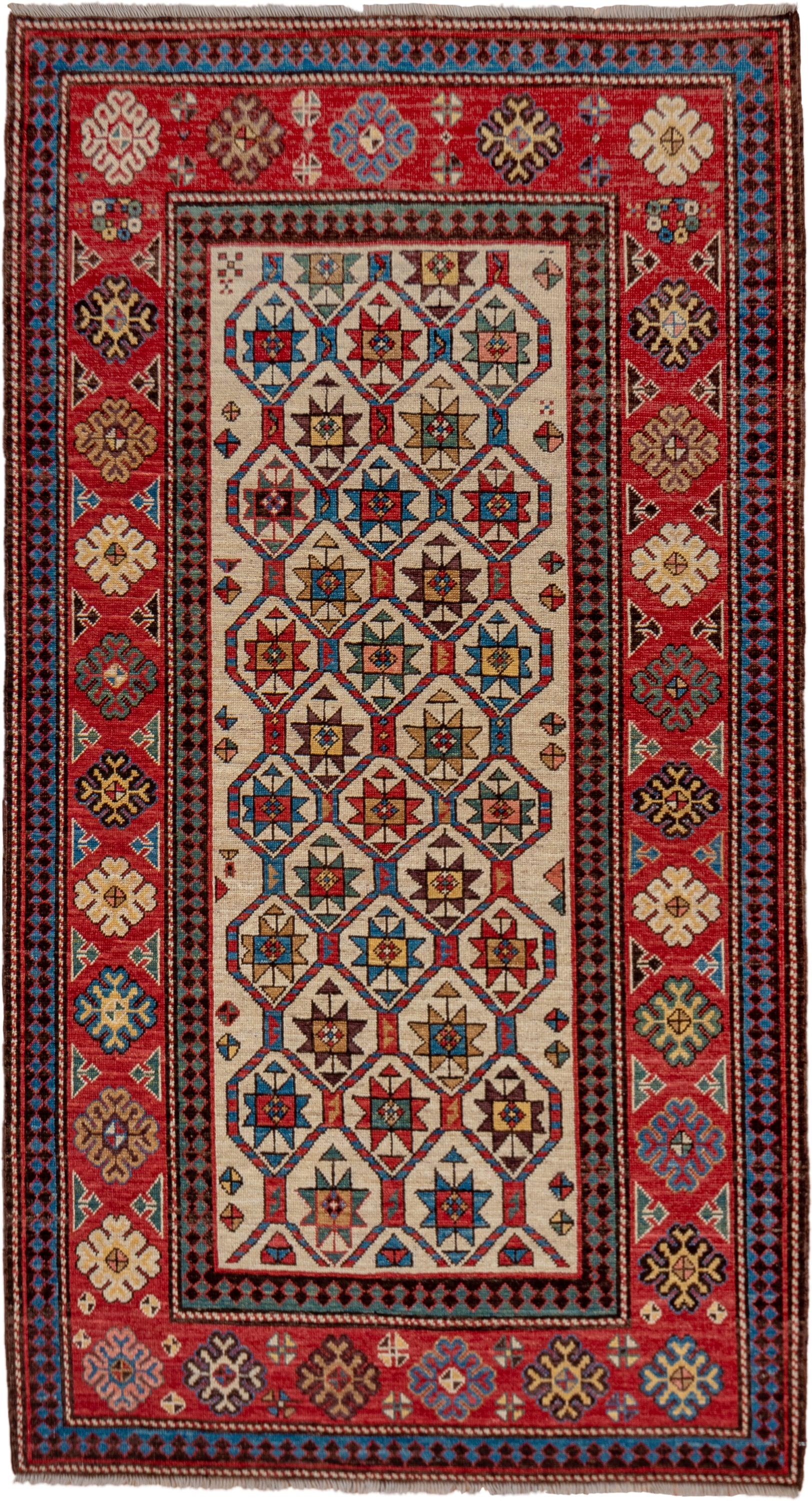 4' x 7' one-of-a-kind handmade vintage Kazak rug. Color palette: red, ivory, sky blue, navy, camel, brown, black, sage