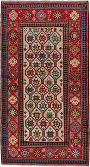4' x 7' one-of-a-kind handmade vintage Kazak rug. Color palette: red, ivory, sky blue, navy, camel, brown, black, sage