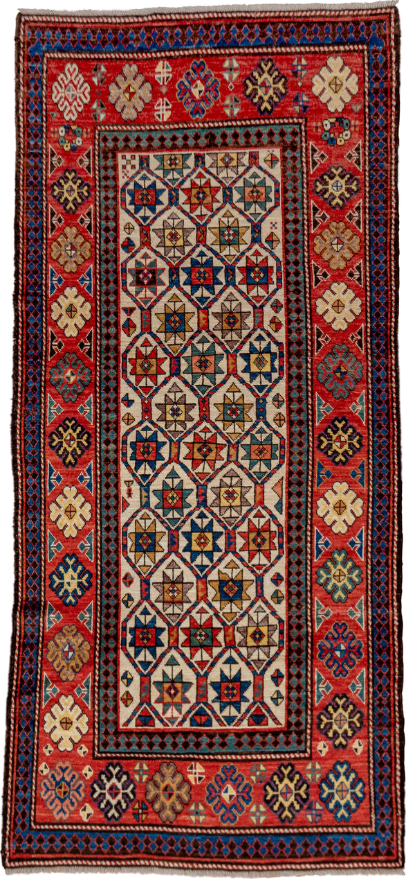 3' x 8' one-of-a-kind handmade vintage Kazak runner rug. Color palette: red, ivory, navy, sky_blue, camel, gold, brown