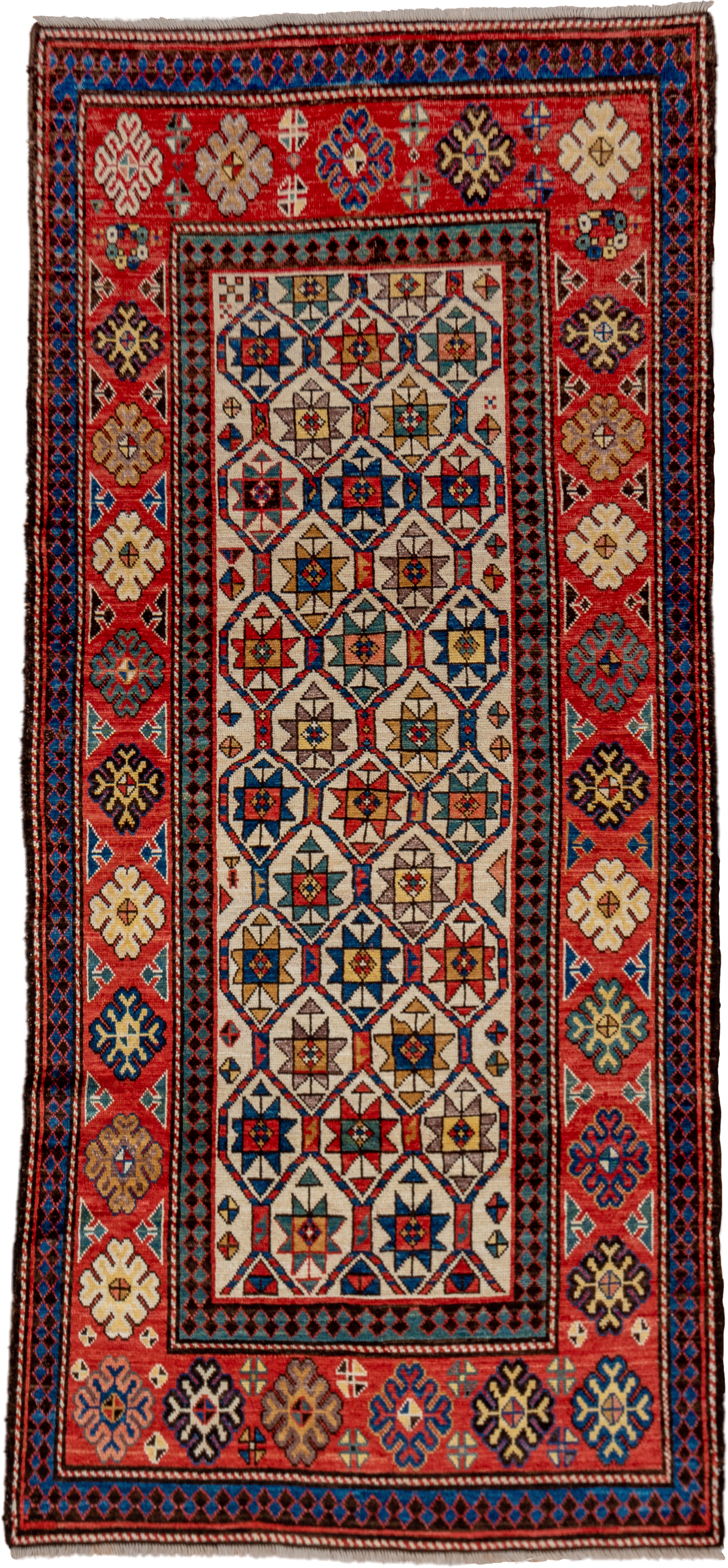 3' x 8' one-of-a-kind handmade vintage Kazak runner rug. Color palette: red, ivory, navy, sky_blue, camel, gold, brown