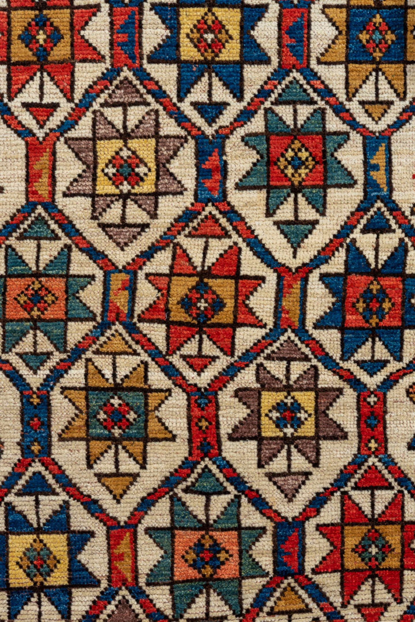 3' x 8' one-of-a-kind handmade vintage Kazak runner rug. Color palette: red, ivory, navy, sky_blue, camel, gold, brown