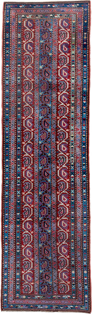 3' x 11' one-of-a-kind handmade antique Caucasian runner rug. Color palette: blue, red, ivory, navy, sky_blue, burgundy