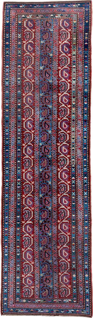 3' x 11' one-of-a-kind handmade antique Caucasian runner rug. Color palette: blue, red, ivory, navy, sky_blue, burgundy