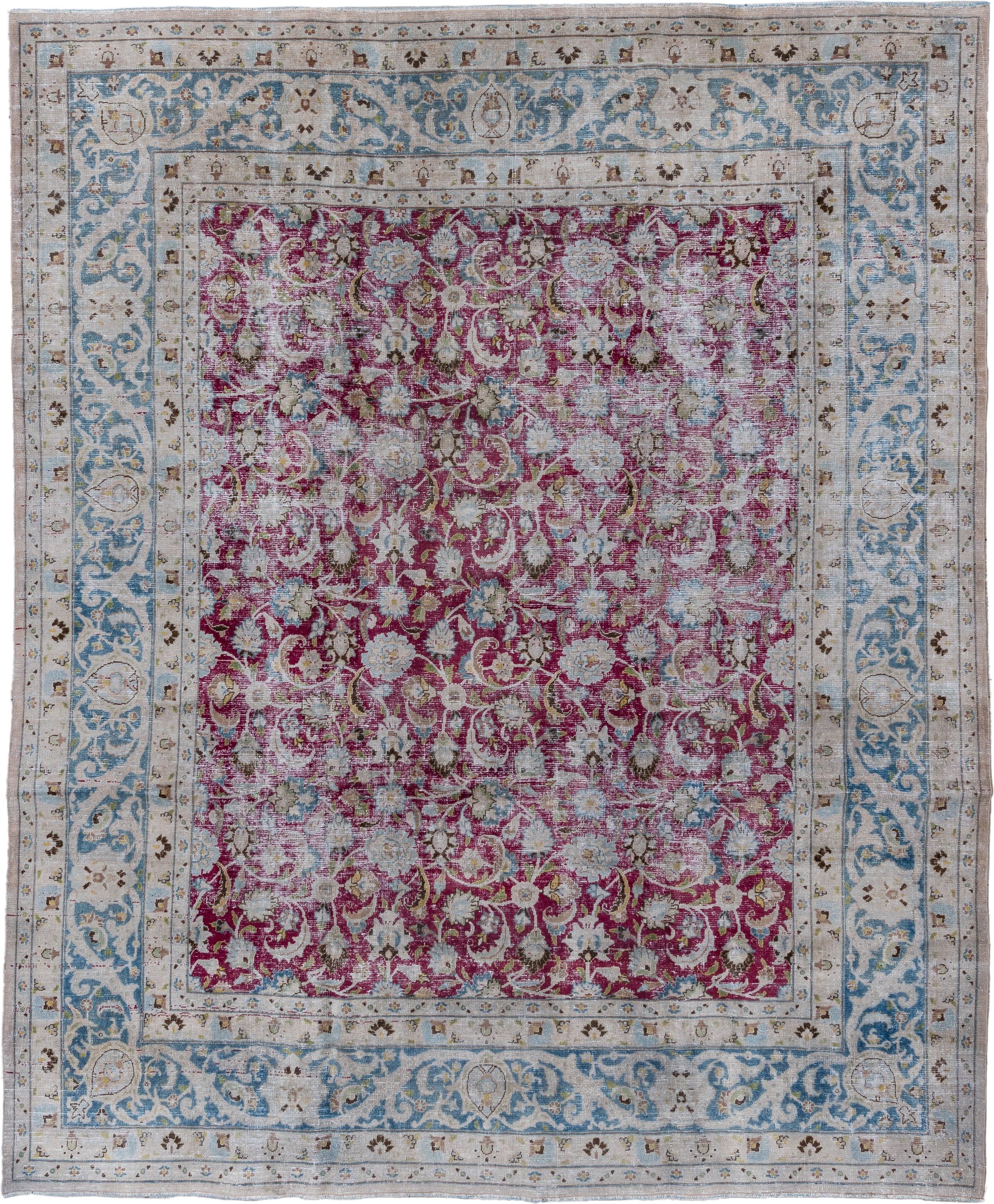 8' x 10' one-of-a-kind handmade antique Meshed large size rug. Color palette: ivory, raspberry, sky blue, taupe, sage, brown