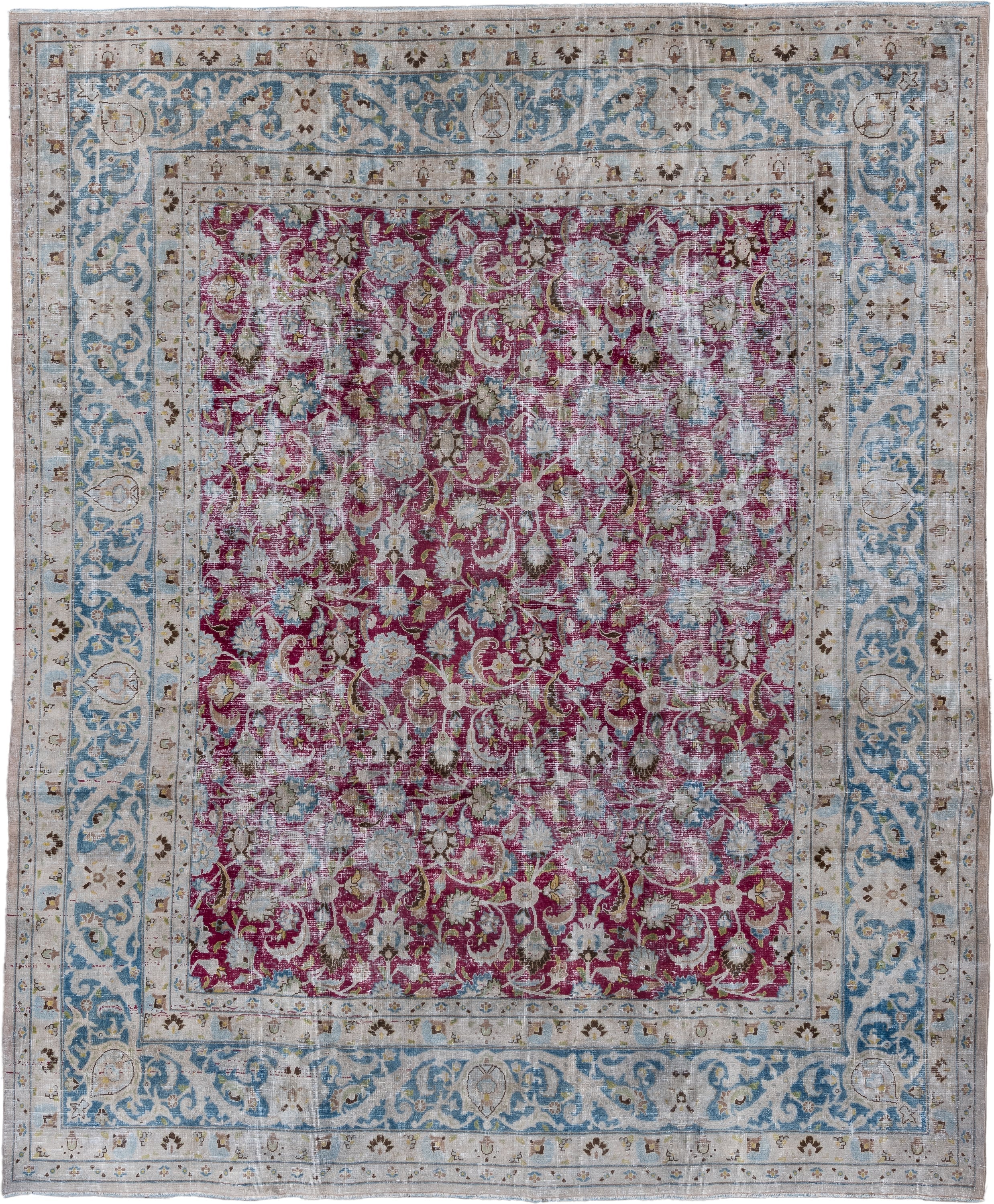 8' x 10' one-of-a-kind handmade antique Meshed large size rug. Color palette: ivory, raspberry, sky blue, taupe, sage, brown