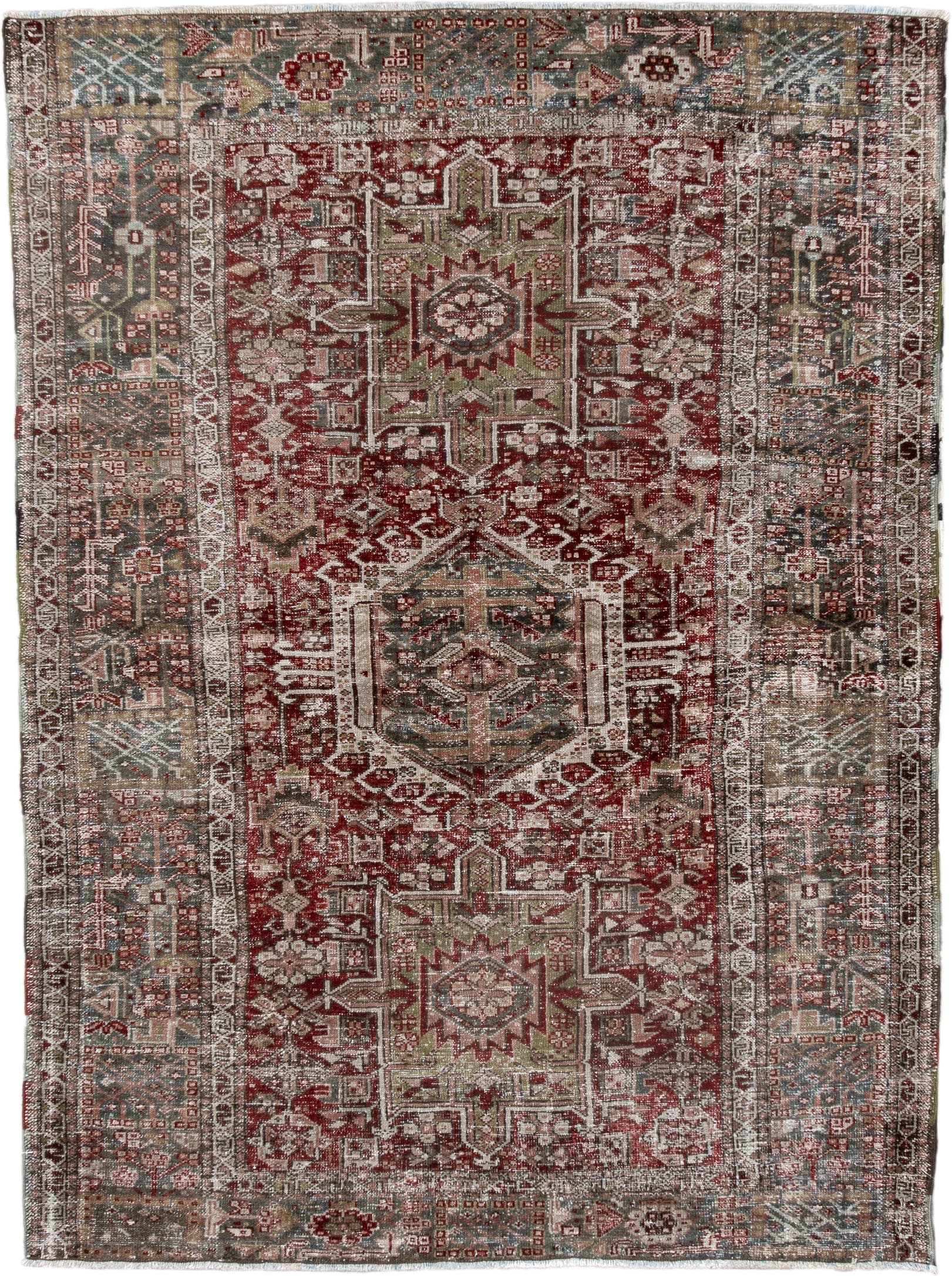4' x 6' one-of-a-kind handmade antique Karaje small size rug. Color palette: rust, blue_gray, ivory, sage, taupe, burgundy