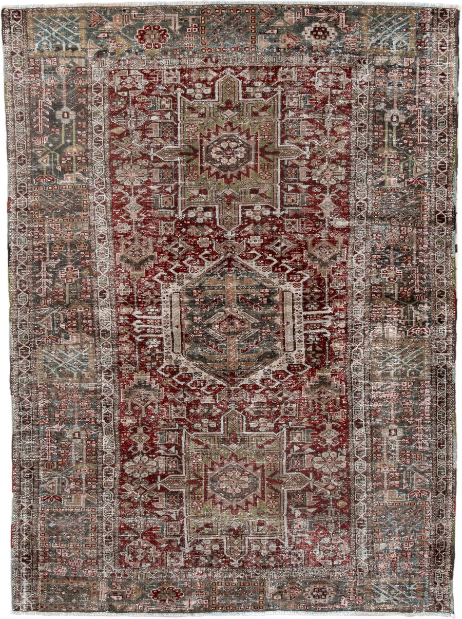 4' x 6' one-of-a-kind handmade antique Karaje small size rug. Color palette: rust, blue_gray, ivory, sage, taupe, burgundy