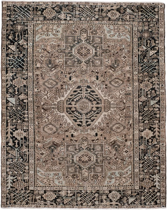 4' x 6' one-of-a-kind handmade antique Karaje small size rug. Color palette: taupe, charcoal, ivory, beige, brown, slate
