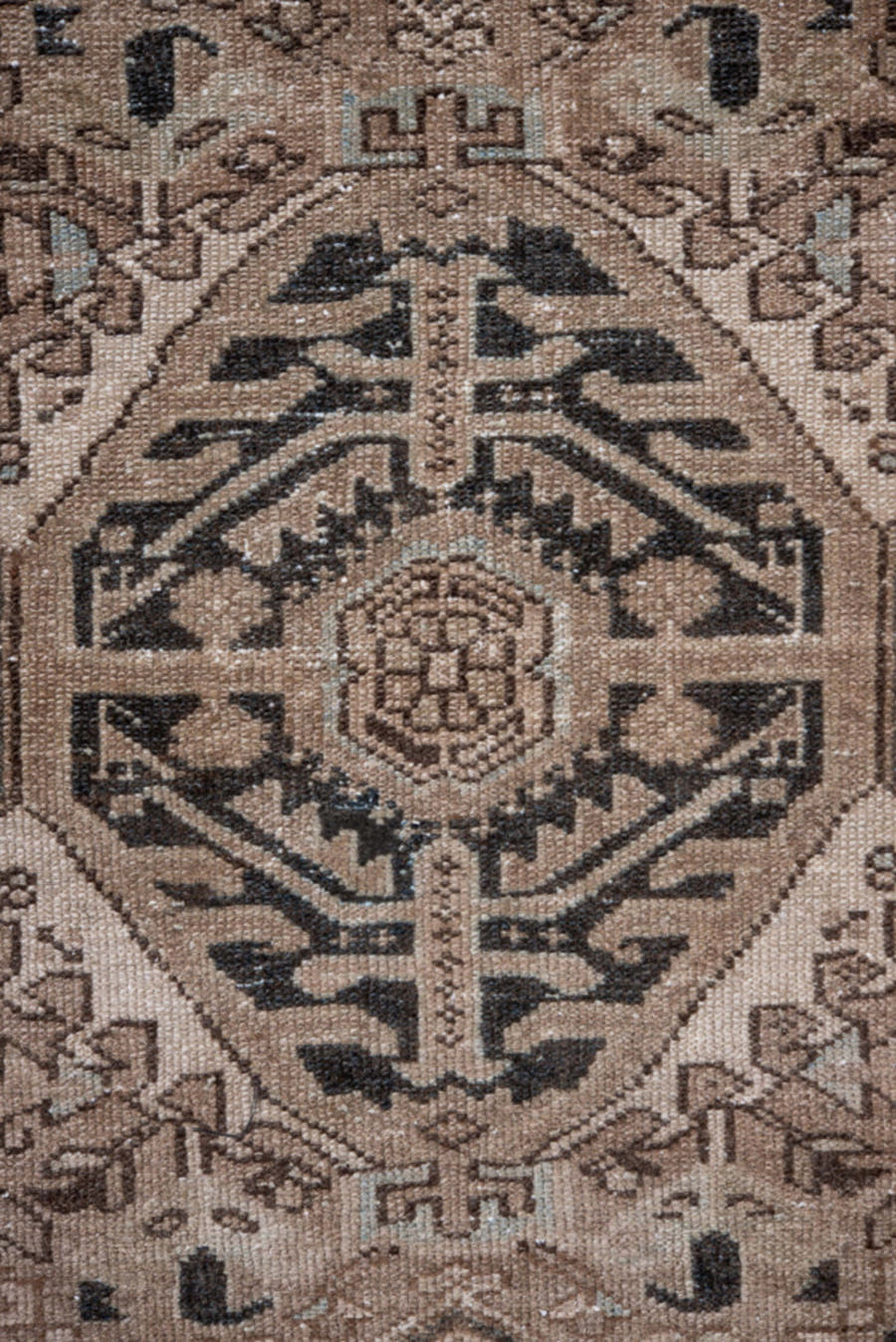 4' x 6' one-of-a-kind handmade antique Karaje small size rug. Color palette: taupe, charcoal, ivory, beige, brown, slate