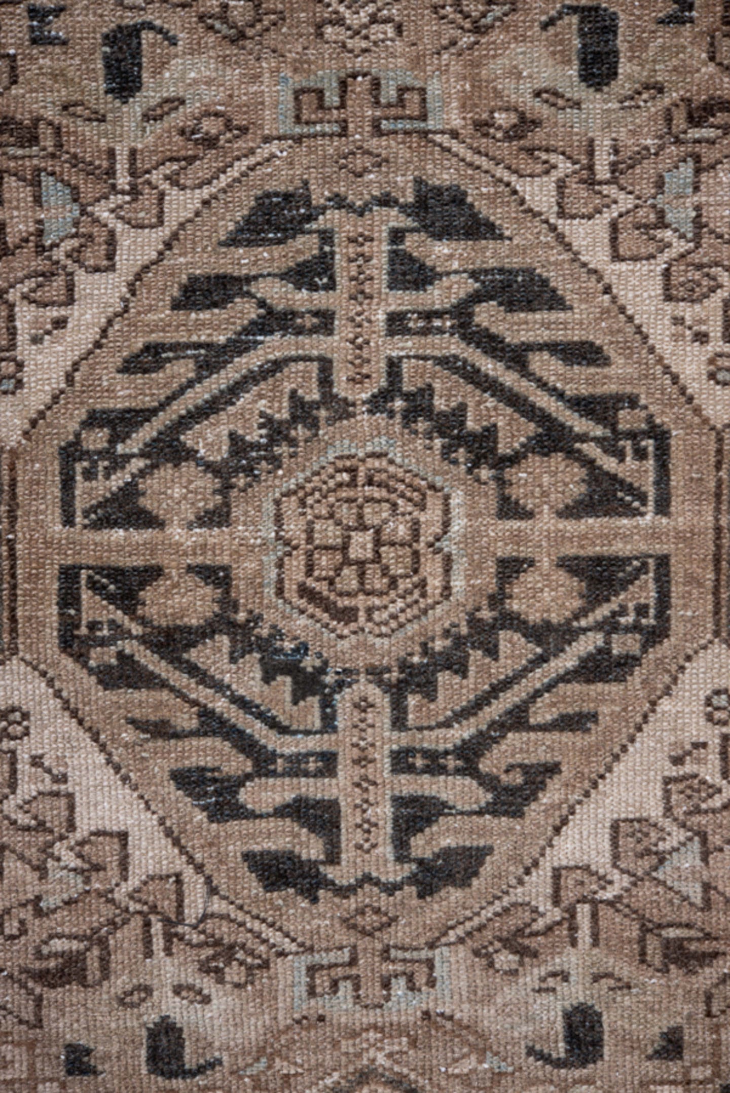 4' x 6' one-of-a-kind handmade antique Karaje small size rug. Color palette: taupe, charcoal, ivory, beige, brown, slate