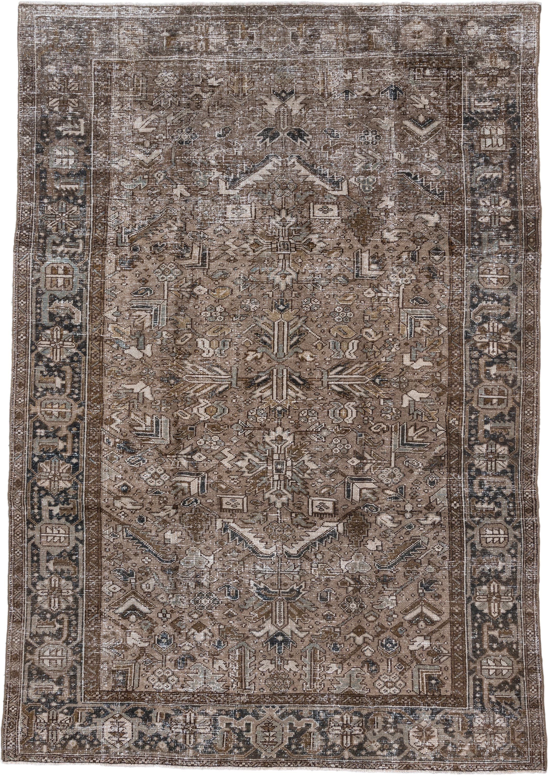 7' x 10' one-of-a-kind handmade antique Heriz large size rug. Color palette: taupe, brown, ivory, charcoal, beige, slate