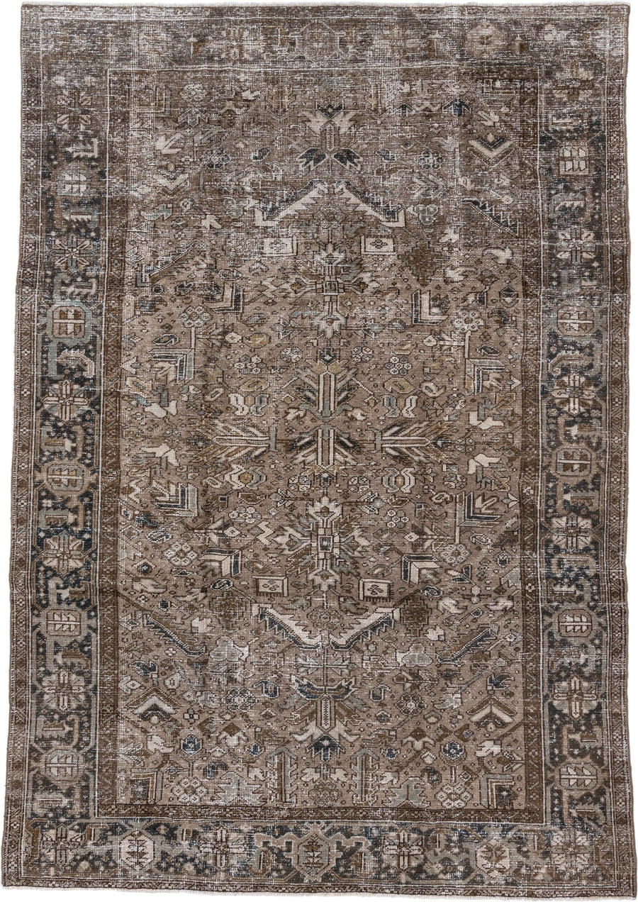 7' x 10' one-of-a-kind handmade antique Heriz large size rug. Color palette: taupe, brown, ivory, charcoal, beige, slate