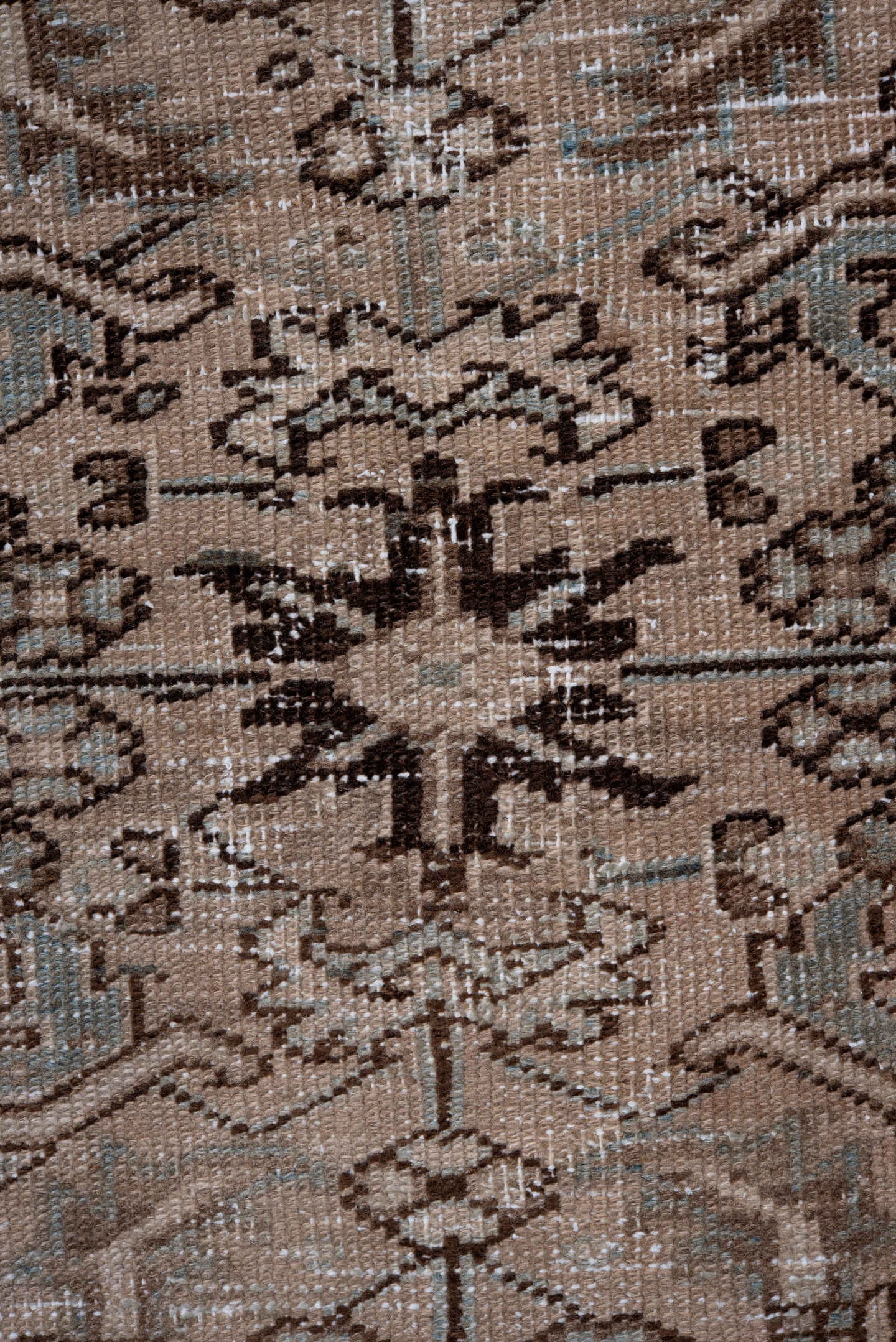 7' x 10' one-of-a-kind handmade antique Heriz large size rug. Color palette: taupe, brown, ivory, charcoal, sage, camel