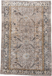 7' x 11' one-of-a-kind handmade antique Heriz large size rug. Color palette: taupe, ivory, charcoal, slate, gold, pale blue