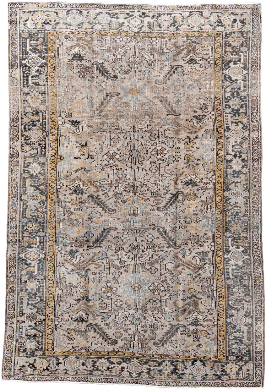 7' x 11' one-of-a-kind handmade antique Heriz large size rug. Color palette: taupe, ivory, charcoal, slate, gold, pale blue