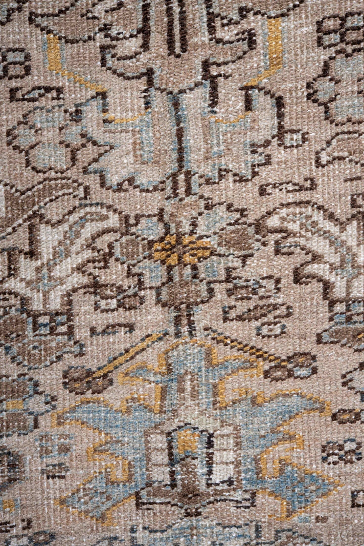 7' x 11' one-of-a-kind handmade antique Heriz large size rug. Color palette: taupe, ivory, charcoal, slate, gold, pale blue