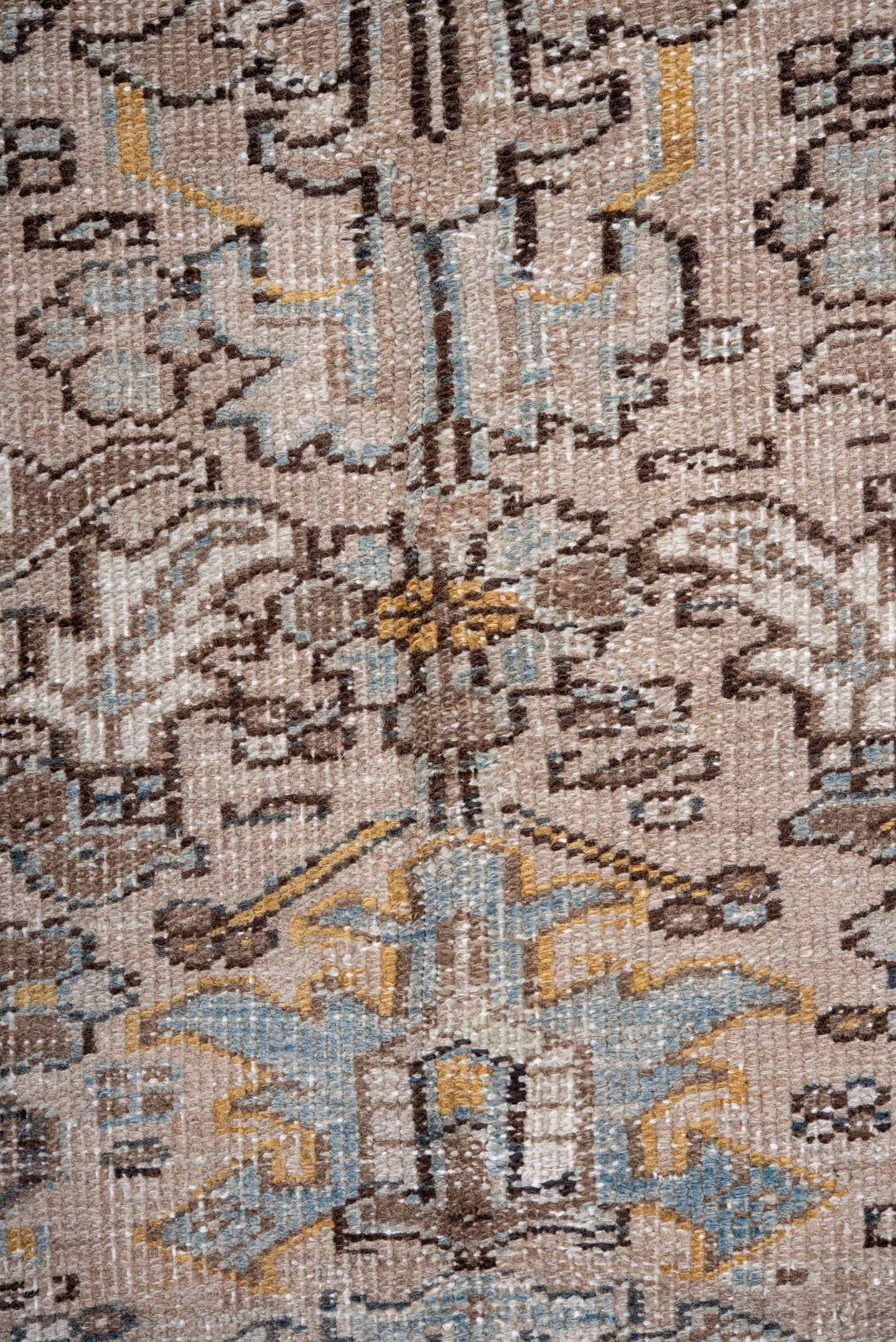 7' x 11' one-of-a-kind handmade antique Heriz large size rug. Color palette: taupe, ivory, charcoal, slate, gold, pale blue