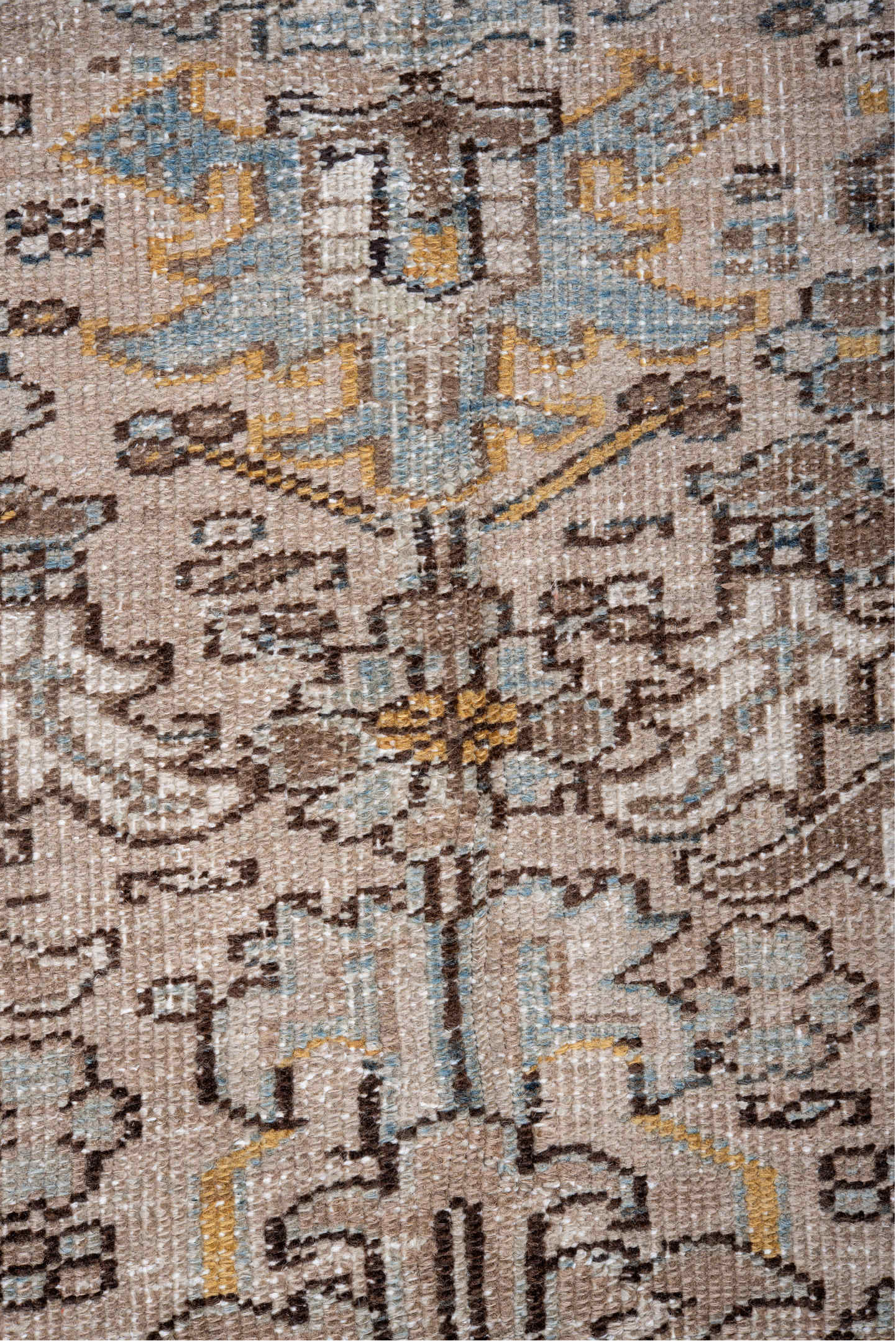 7' x 11' one-of-a-kind handmade antique Heriz large size rug. Color palette: taupe, ivory, charcoal, slate, gold, pale blue