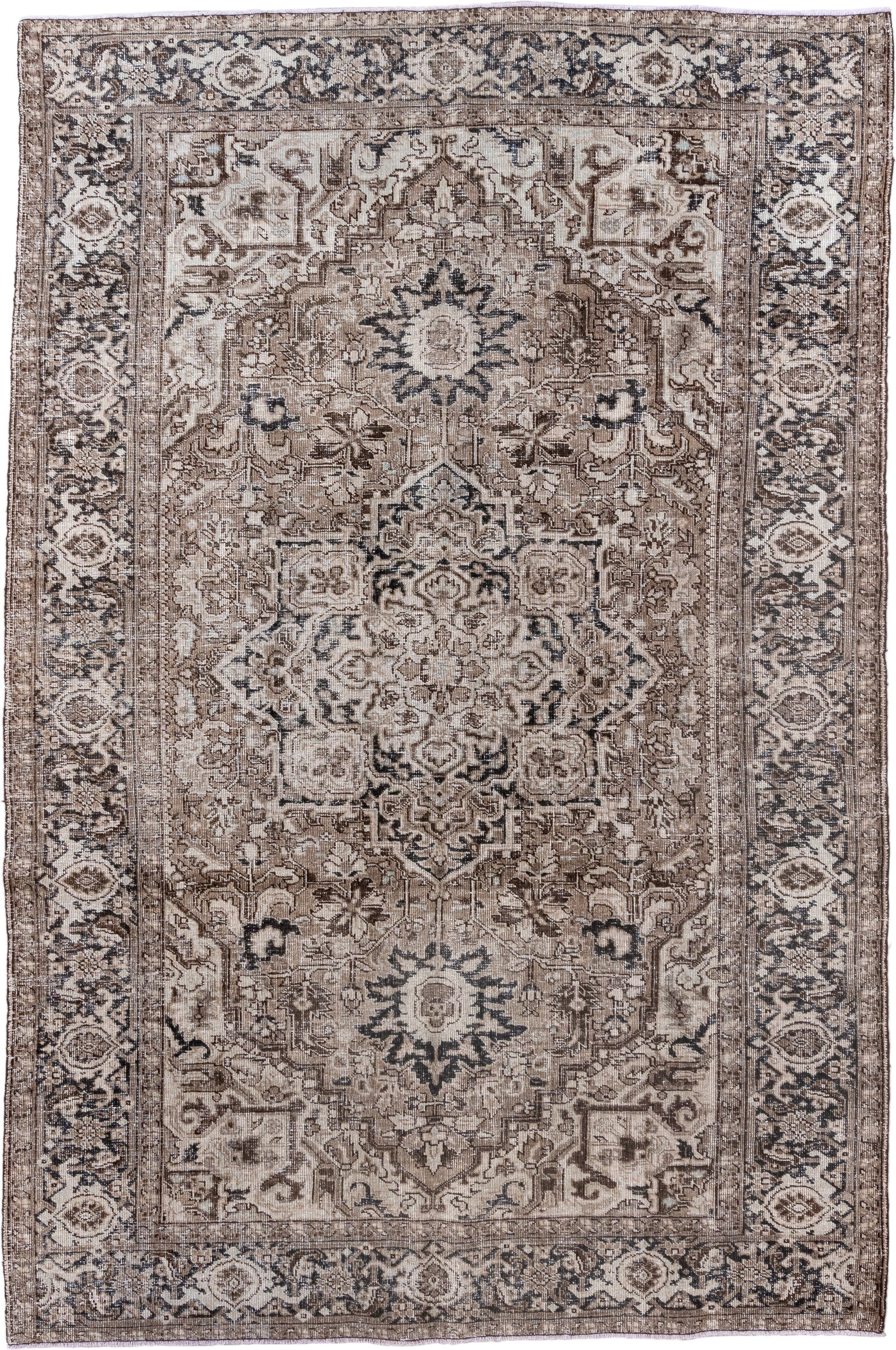6' x 9' one-of-a-kind handmade antique Heriz medium size rug. Color palette: taupe, ivory, charcoal, brown, beige, gray