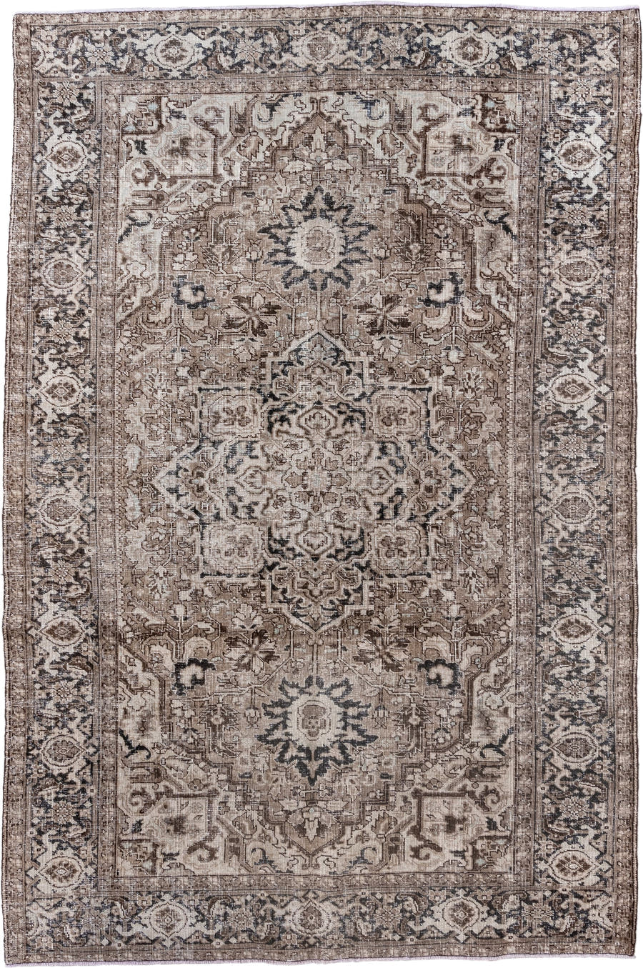 6' x 9' one-of-a-kind handmade antique Heriz medium size rug. Color palette: taupe, ivory, charcoal, brown, beige, gray