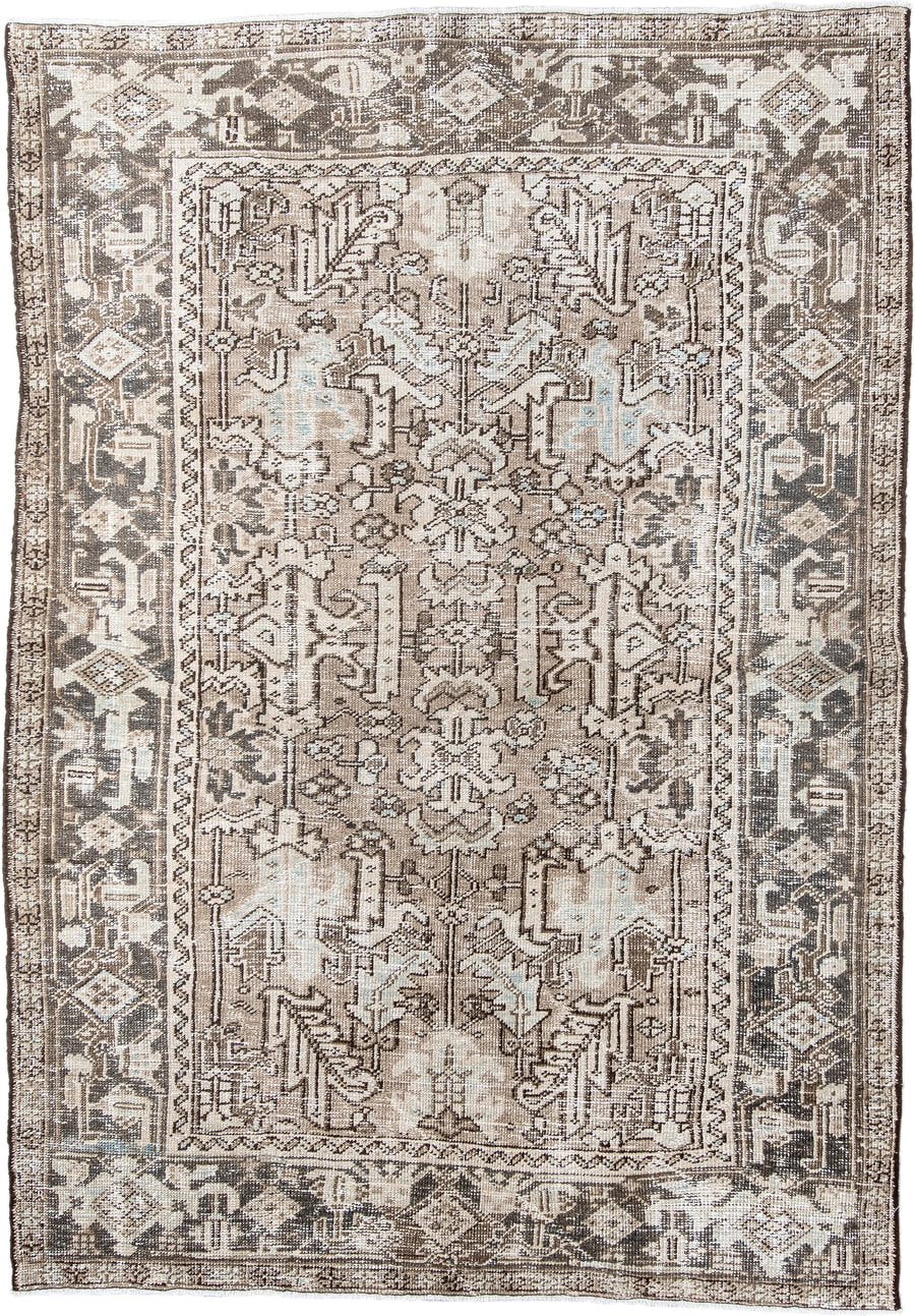 5' x 8' one-of-a-kind handmade antique Heriz medium size rug. Color palette: taupe, ivory, charcoal, brown, pale blue, cream