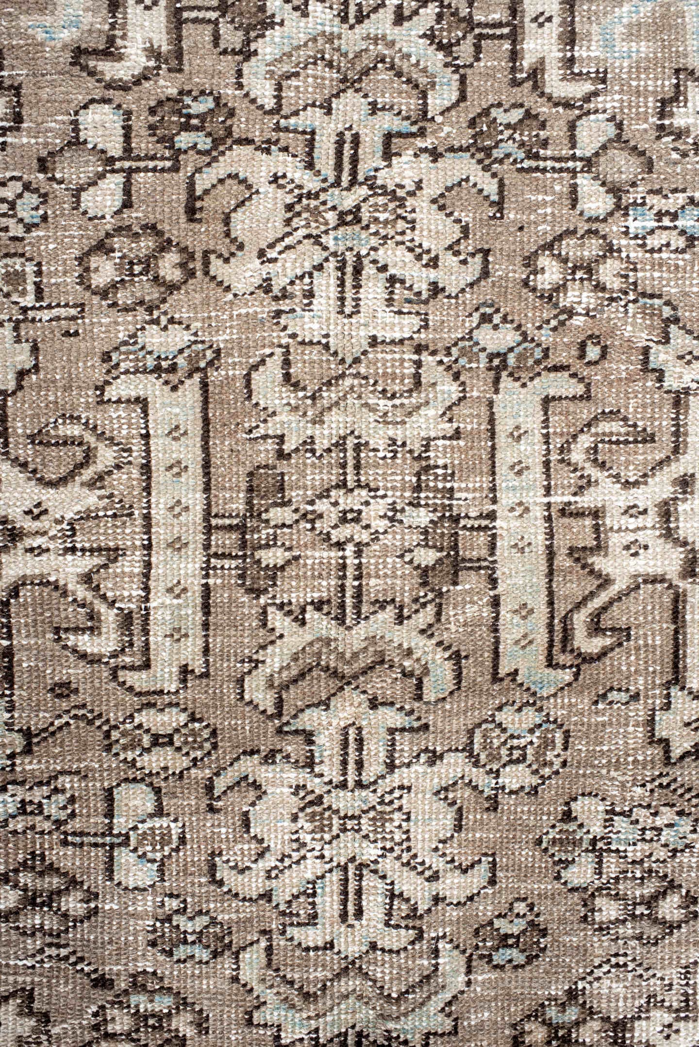5' x 8' one-of-a-kind handmade antique Heriz medium size rug. Color palette: taupe, ivory, charcoal, brown, pale blue, cream