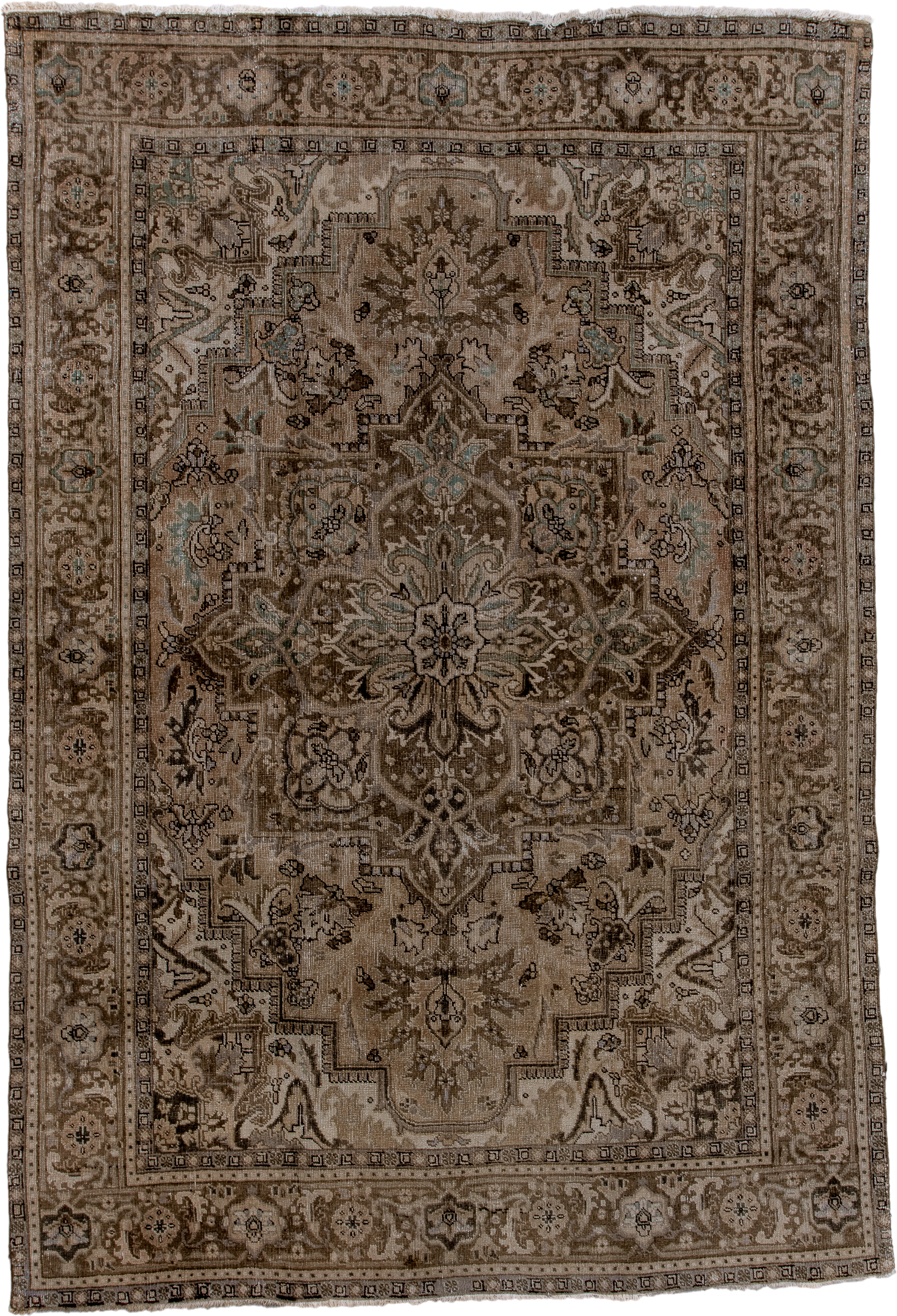 6' x 9' one-of-a-kind handmade antique Heriz medium size rug. Color palette: taupe, beige, brown, ivory, pale blue, charcoal