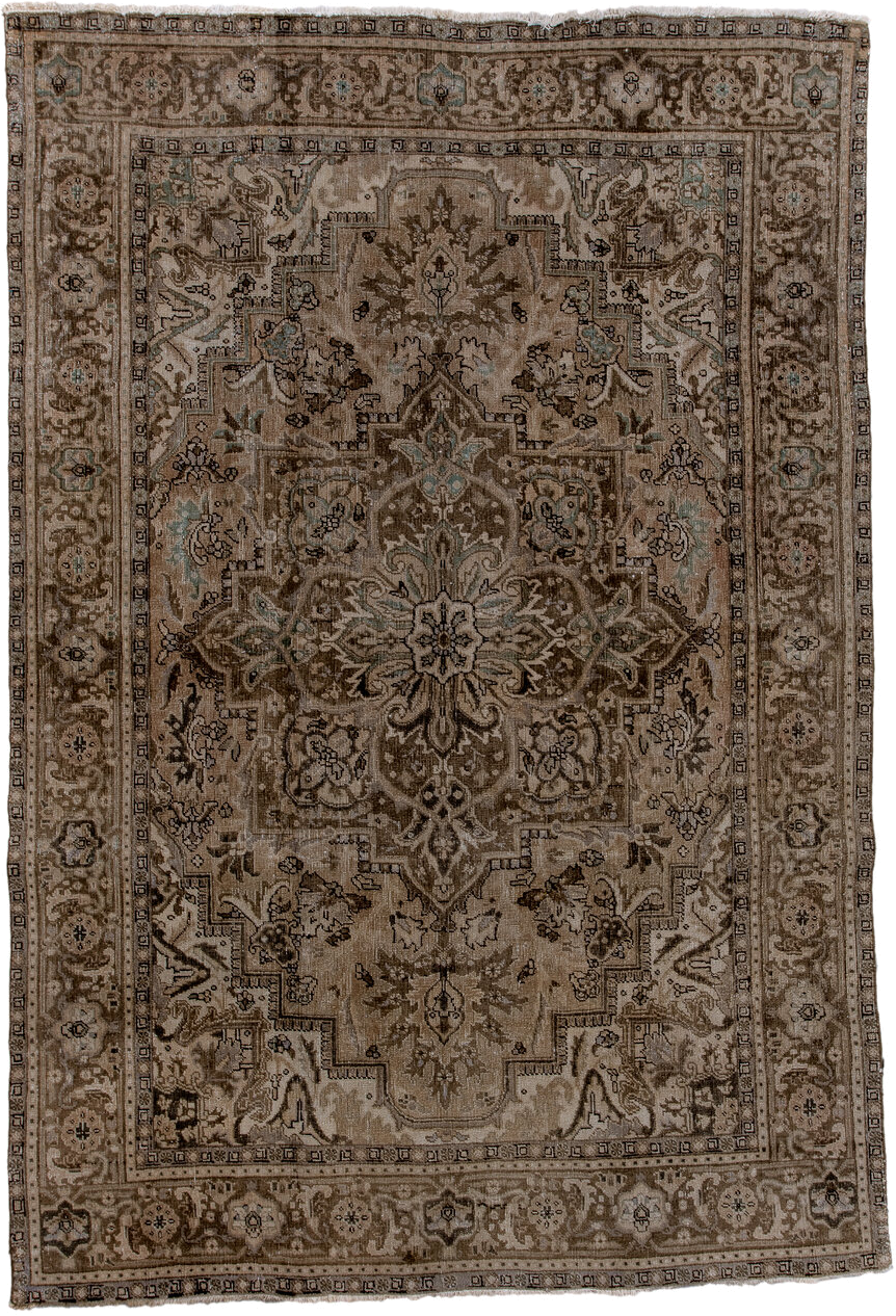 6' x 9' one-of-a-kind handmade antique Heriz medium size rug. Color palette: taupe, beige, brown, ivory, pale blue, charcoal