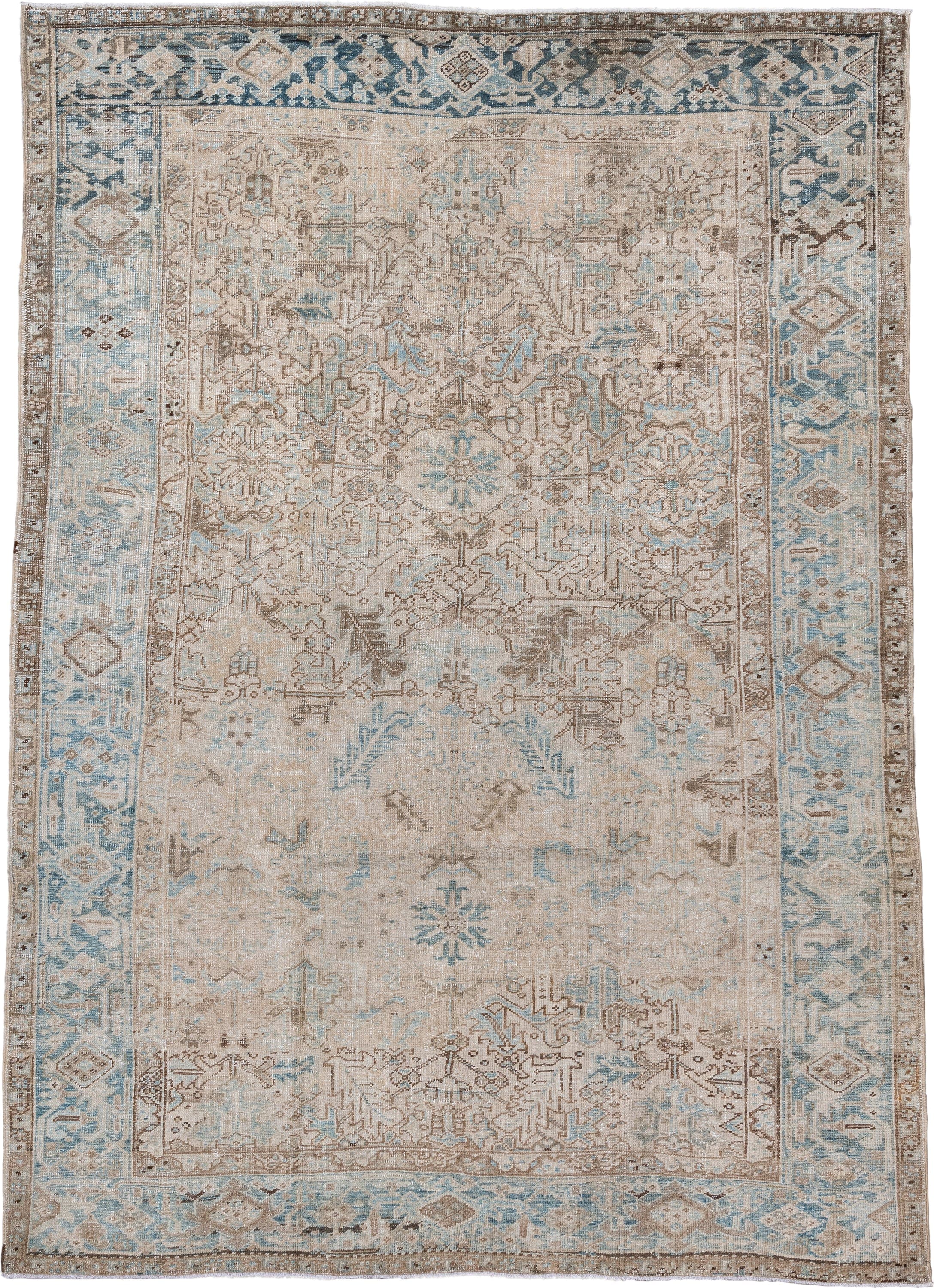 7' x 10' one-of-a-kind handmade antique Heriz large size rug. Color palette: ivory, sky blue, taupe, beige, camel, brown