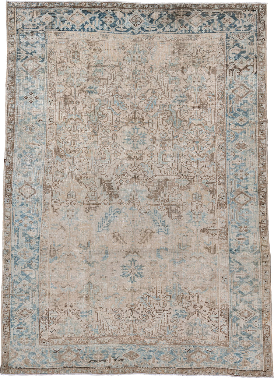 7' x 10' one-of-a-kind handmade antique Heriz large size rug. Color palette: ivory, sky blue, taupe, beige, camel, brown