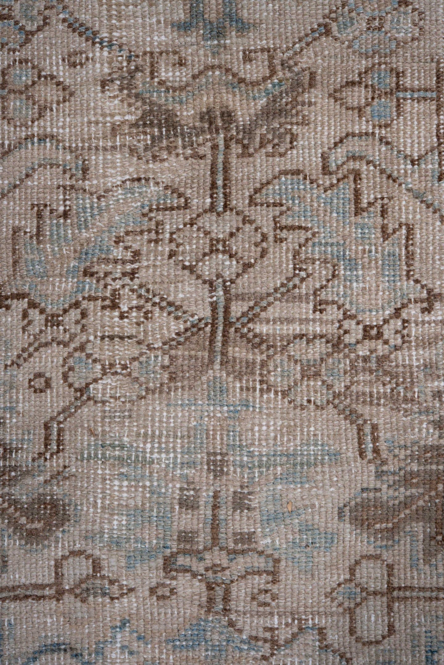 7' x 10' one-of-a-kind handmade antique Heriz large size rug. Color palette: ivory, sky blue, taupe, beige, camel, brown